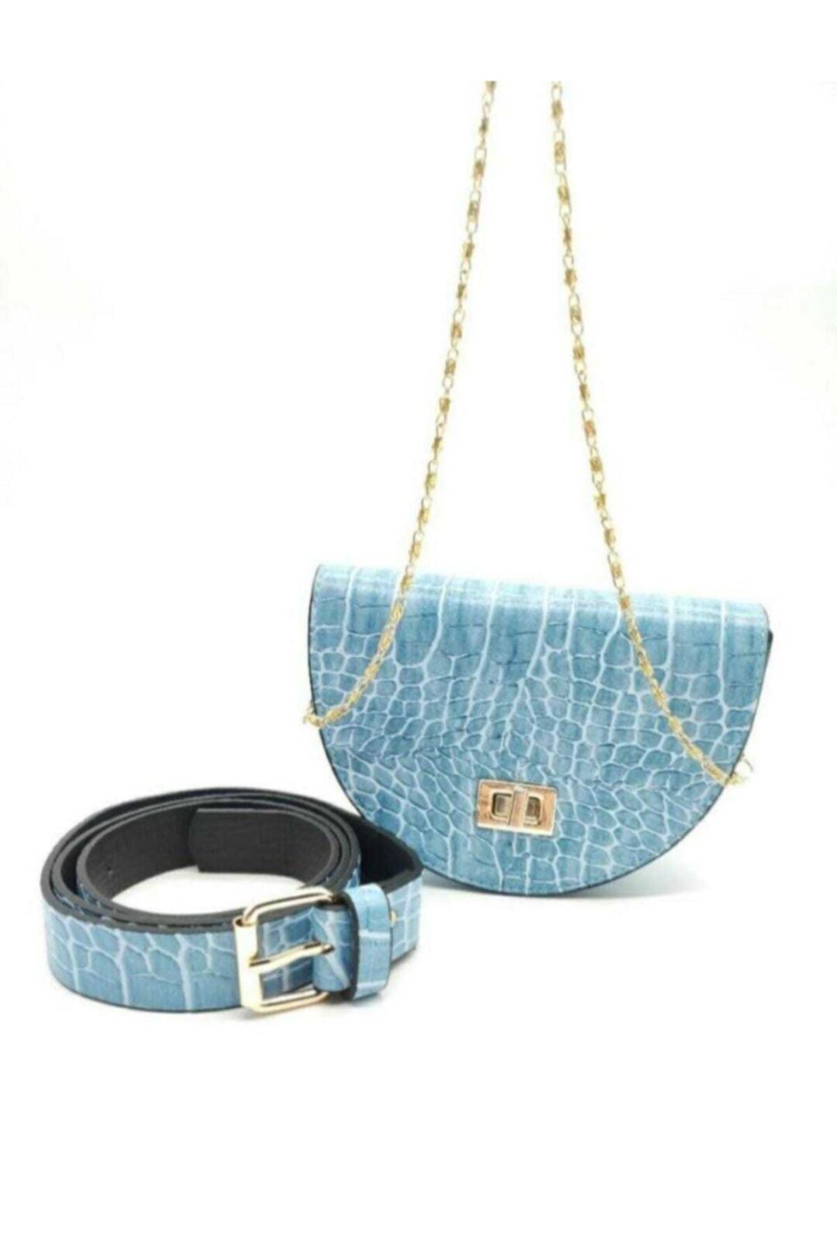 egom butik Kadın Mavi Kemerli Bel Çantası