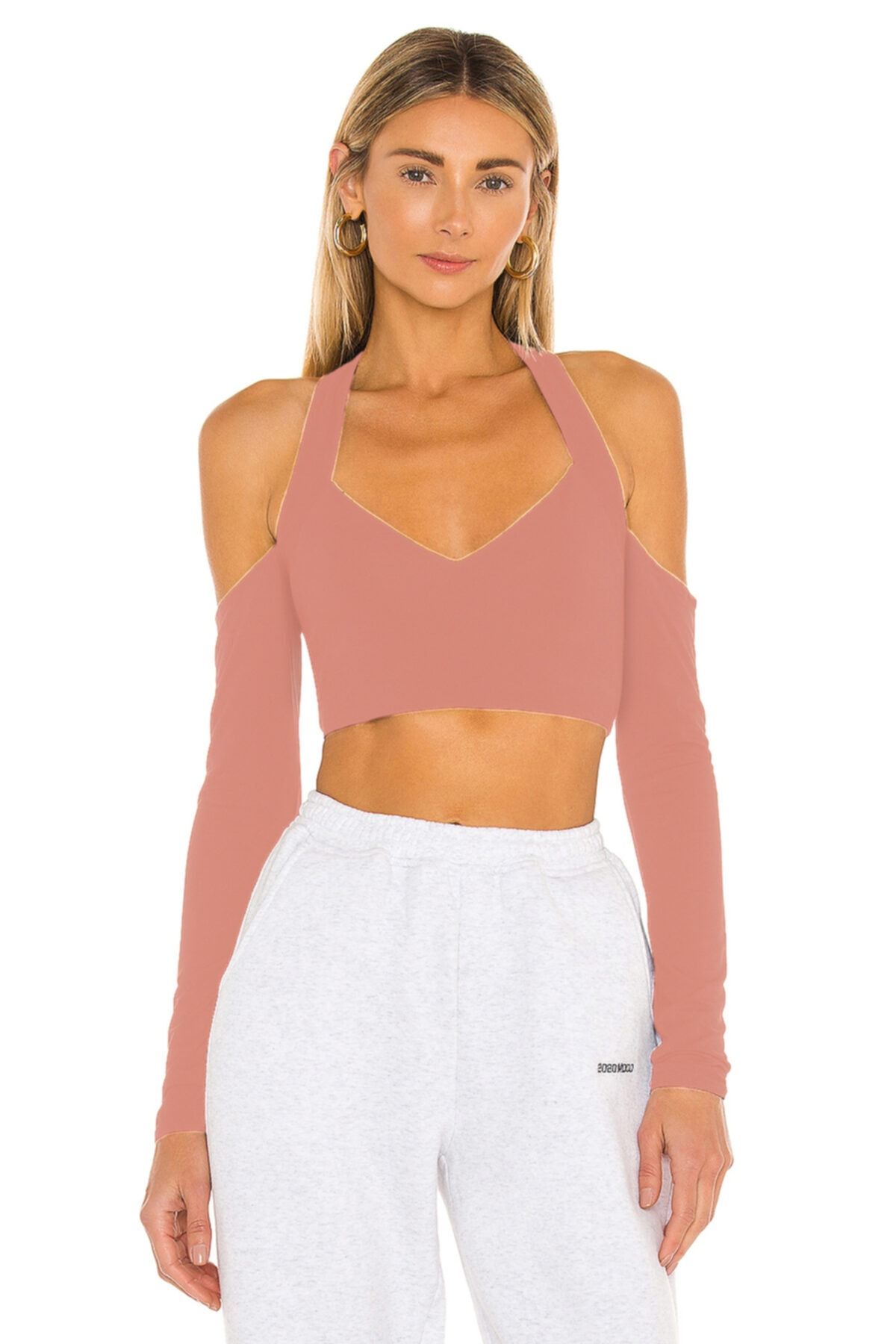 By Kul Design Kadın Pudra Boyundan Bağlamalı Ipek Jarse Crop Top