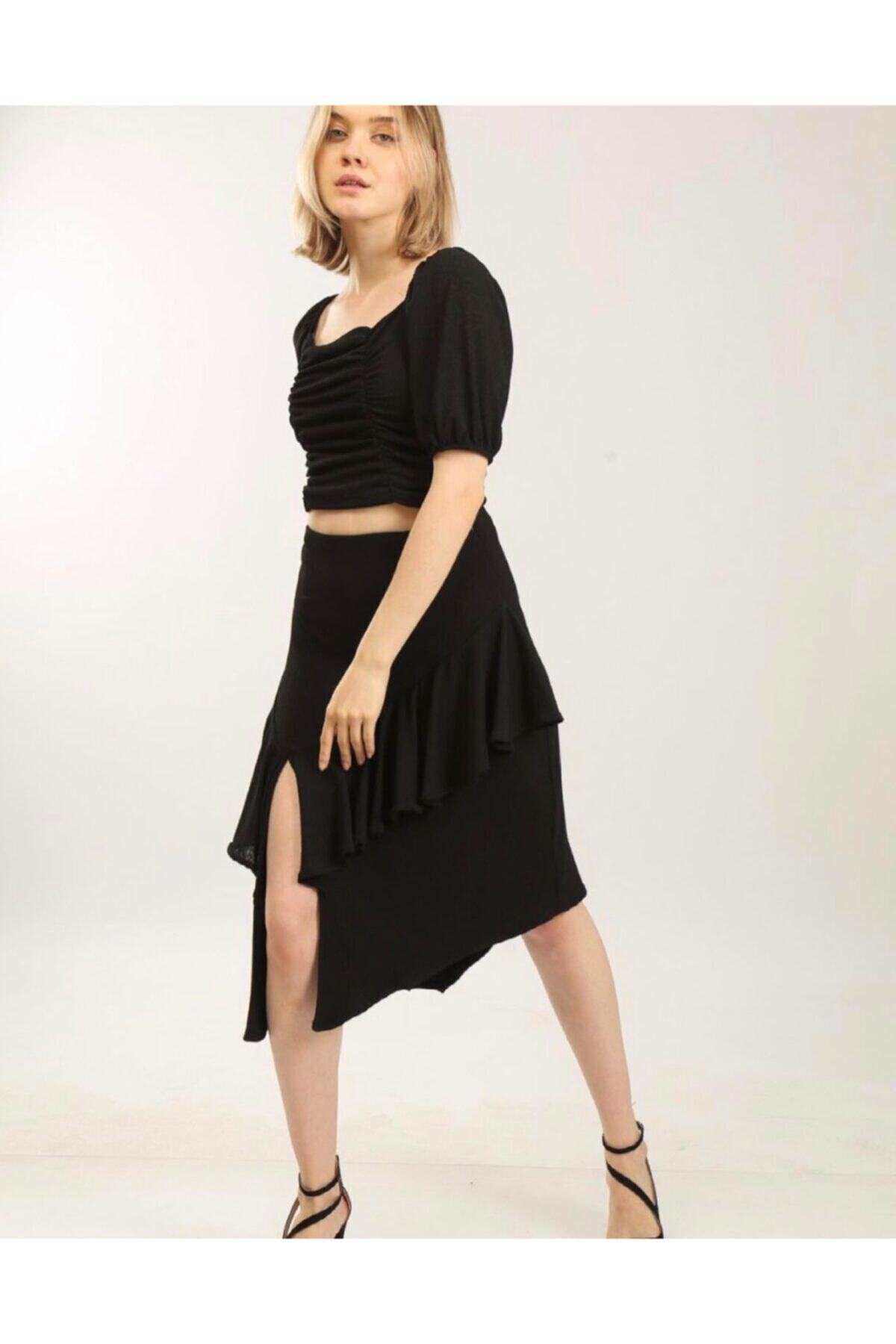 NOBLE Butik Siyah Etek Crop Ikili Takım
