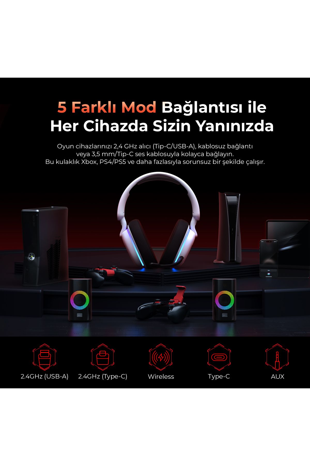 Gamenote Fuxi-H7 RGB Kablosuz Gaming Oyuncu Kulaklığı