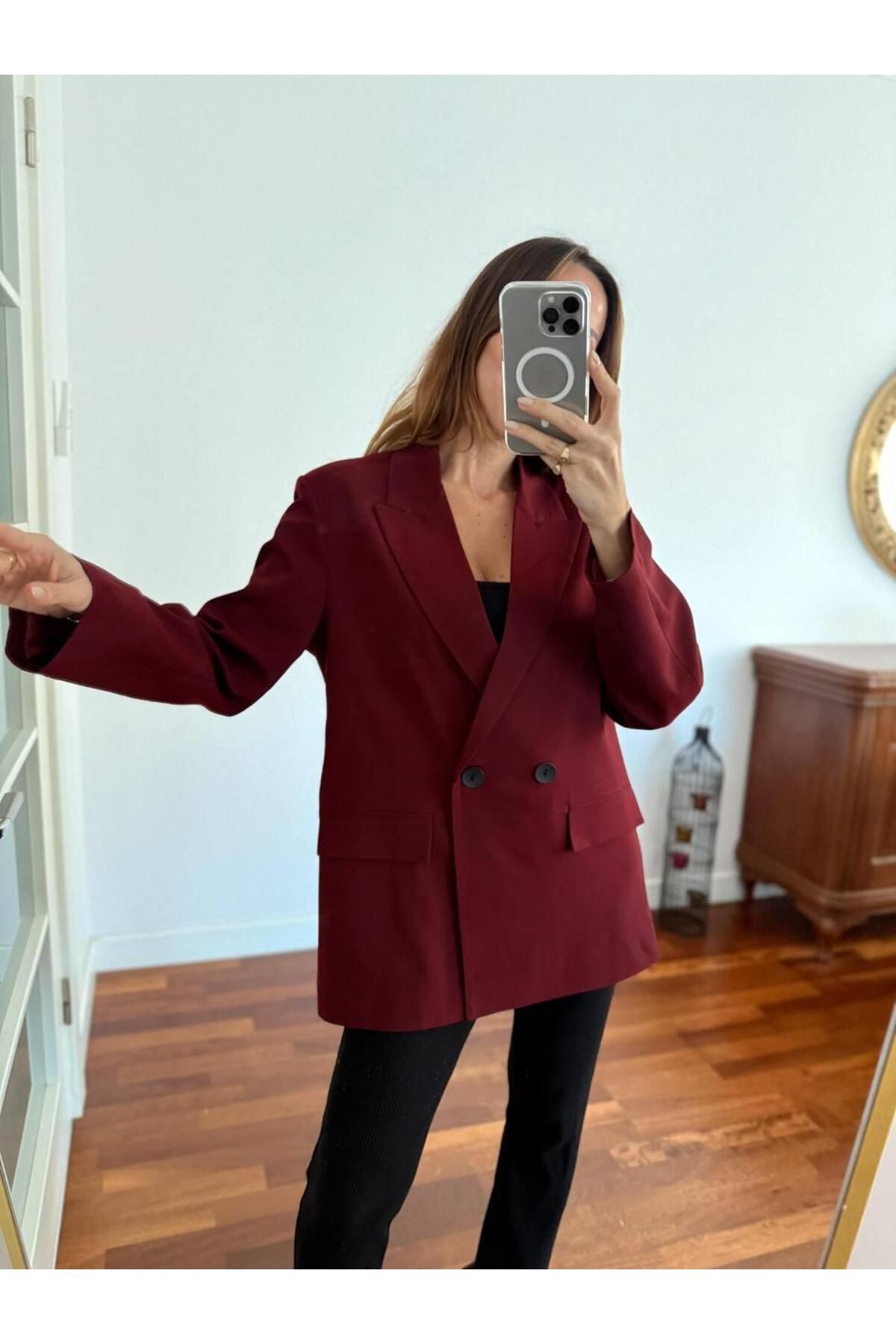 Kadın Double Kumaş Astarlı Koyu Bordo Blazer Ceket