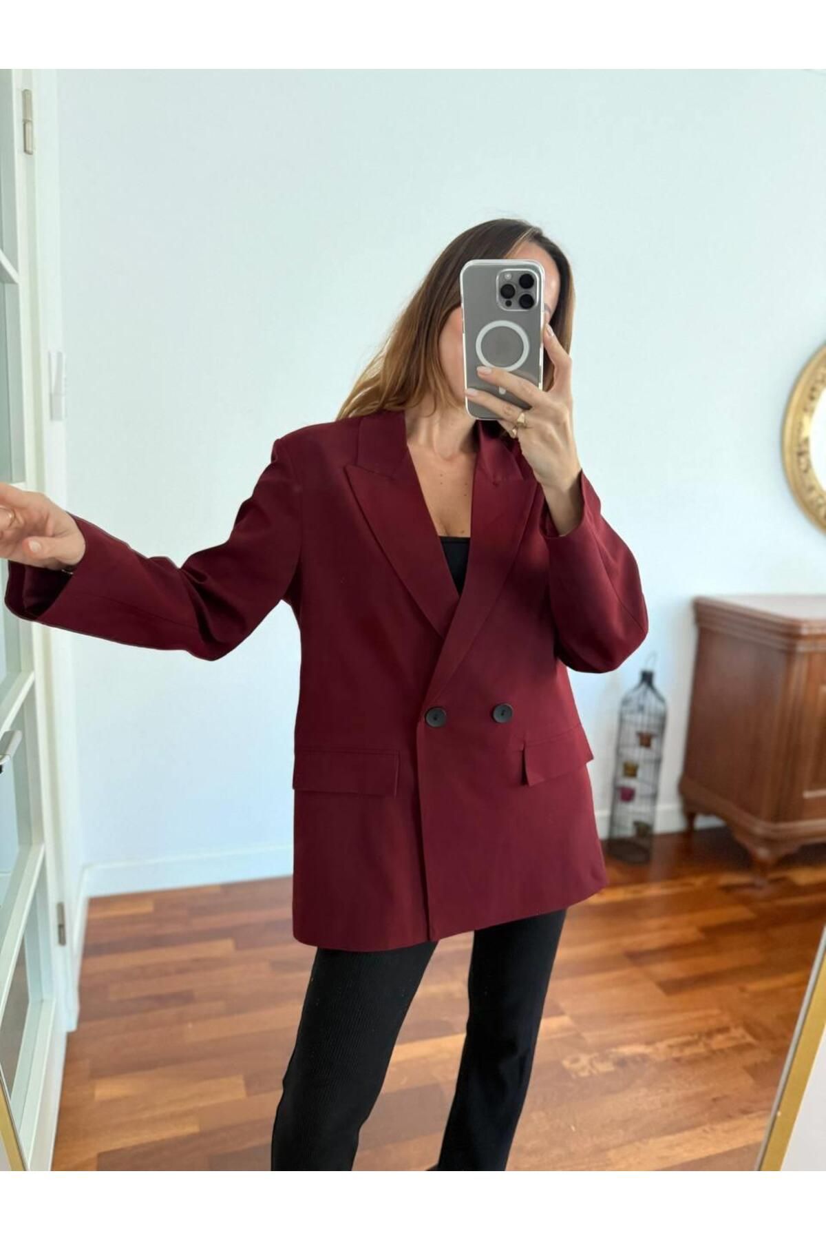 Kadın Double Kumaş Astarlı Koyu Bordo Blazer Ceket