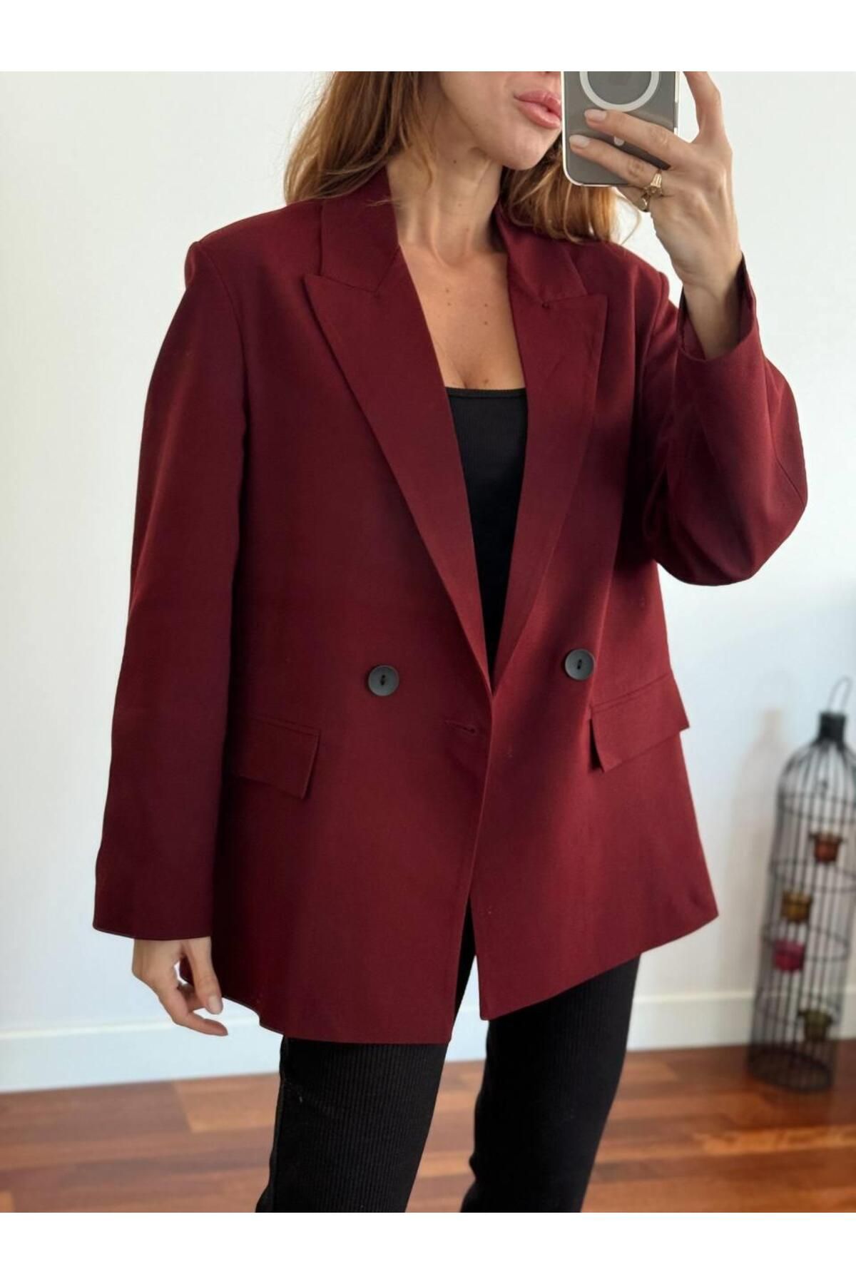 Kadın Double Kumaş Astarlı Koyu Bordo Blazer Ceket