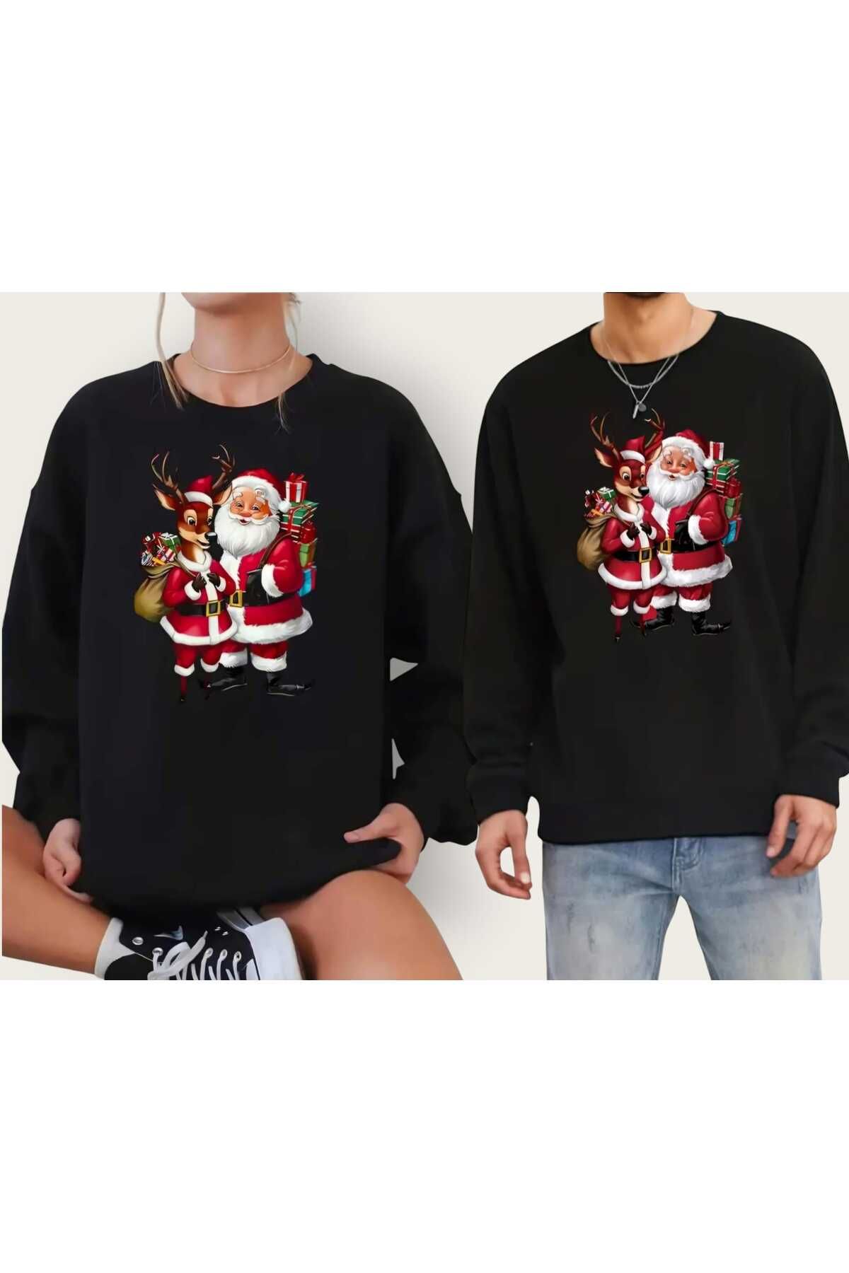 Yılbaşı Yeni Yıl Christmas Noel Çift Kombini Baskılı Bisiklet Yaka Oversize Sweatshirt Unisex