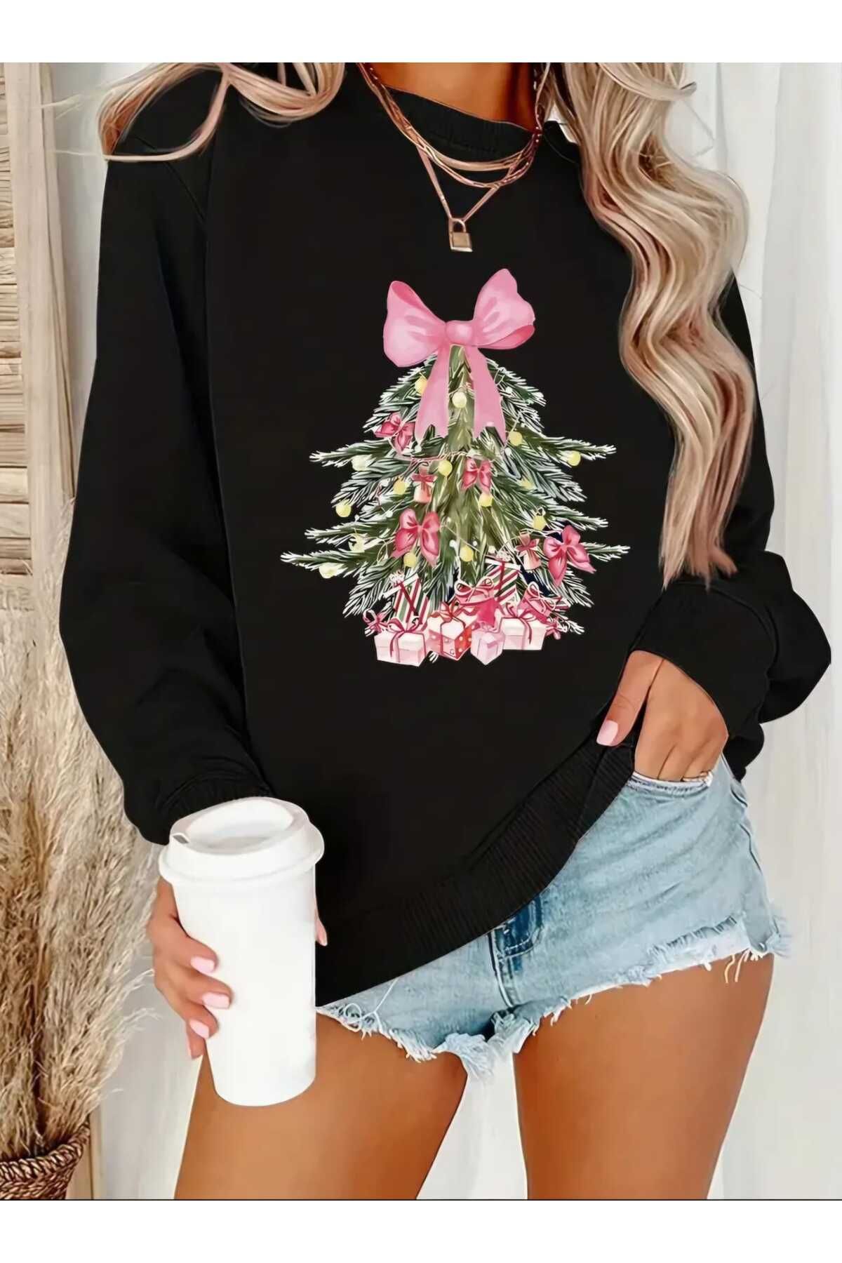 Yeni Yıl Yılbaşı Konsept Resimli Baskılı Bisiklet Yaka Oversize Sweatshirt Kadın