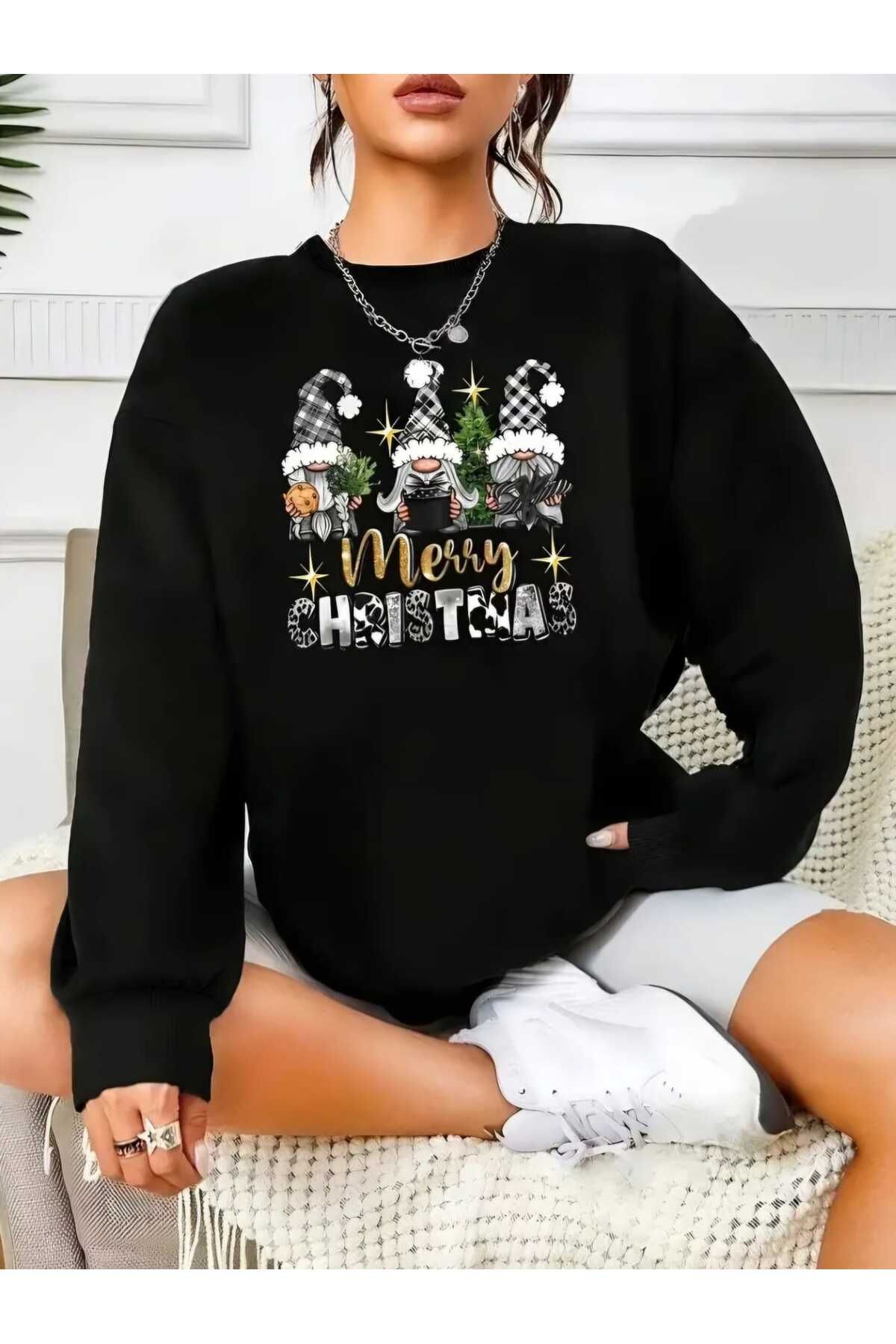 Christmas Yeni Yıl Yılbaşı Konsept Resimli Baskılı Bisiklet Yaka Oversize Sweatshirt Kadın