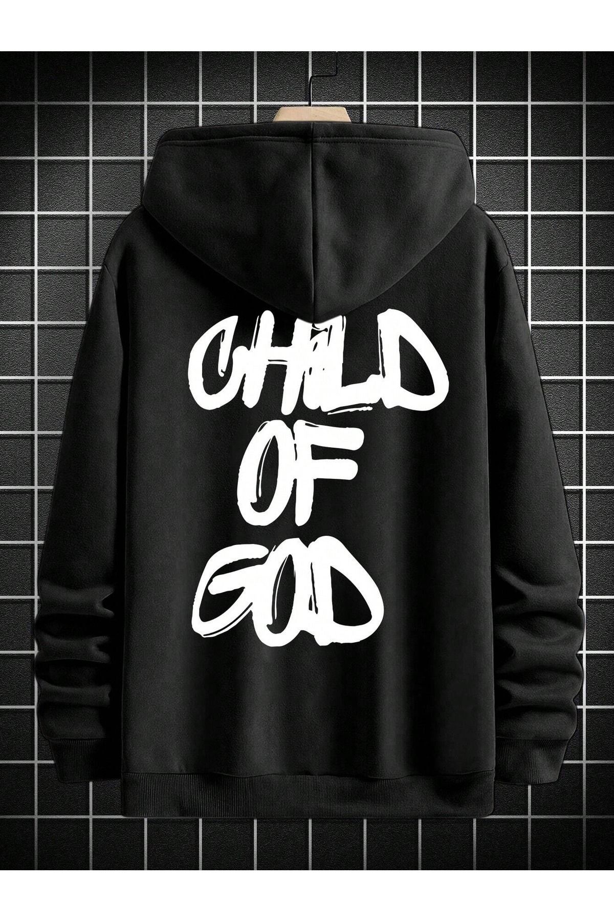 Erkek Siyah Child Of God Baskılı Oversize 3 İplik Hoodie Sweatshirt