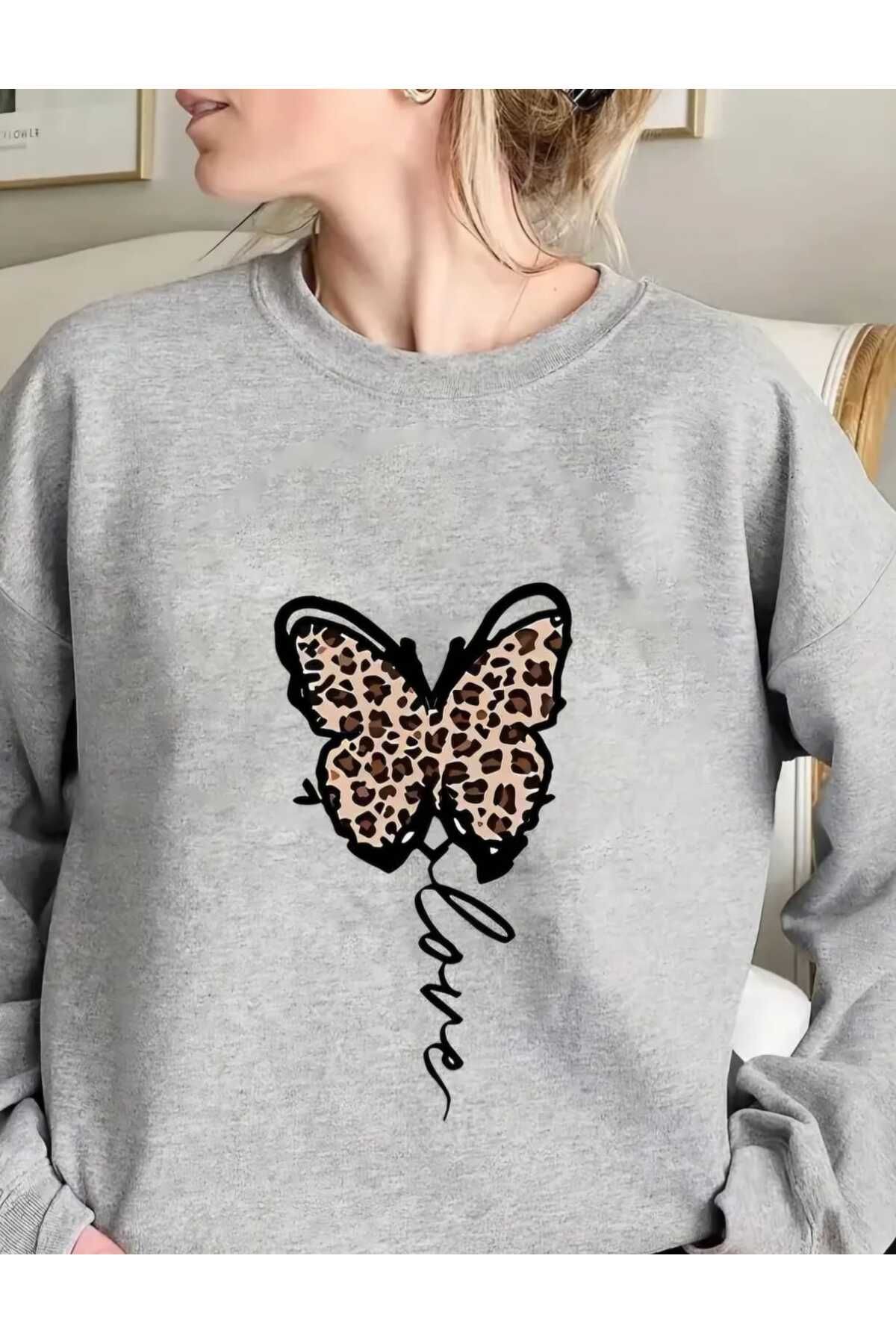 Leopar Desenli Baskılı Bisiklet Yaka Oversize Sweatshirt Kadın