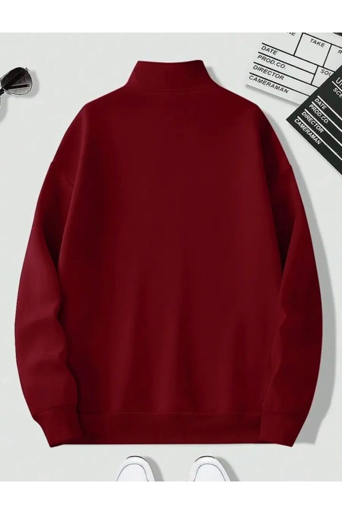 bordo dik yakalı fermuarlı oversize unisex sweatshirt