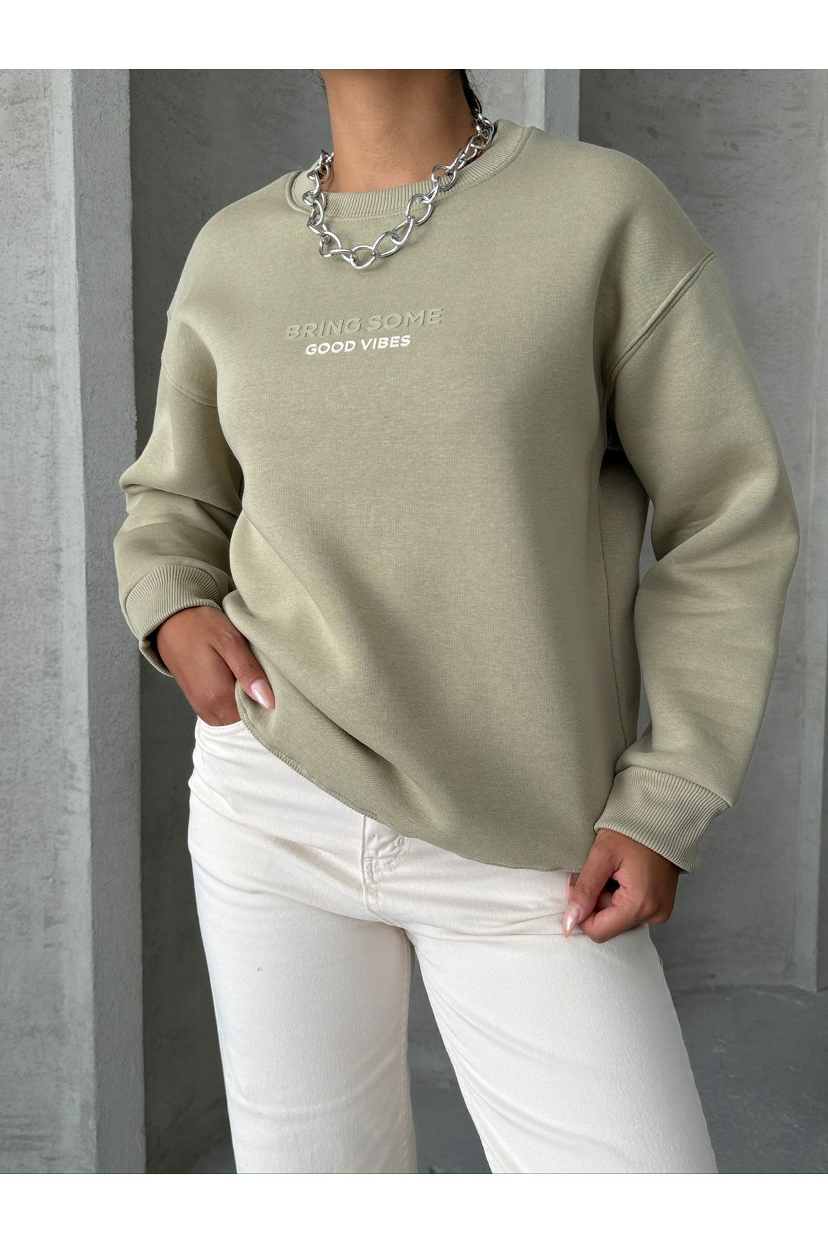 SWT-14265 Haki Bring Some Kabartma Yazı Baskılı Üç İplik Şardonlu Sweatshirt