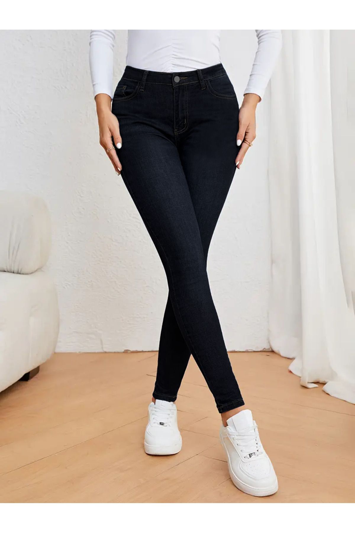 Kadın Yüksek Bel Dar Paça Süper Skinny Fit Esnek Bilek Boy Denim Jean Kot Pantolon C596