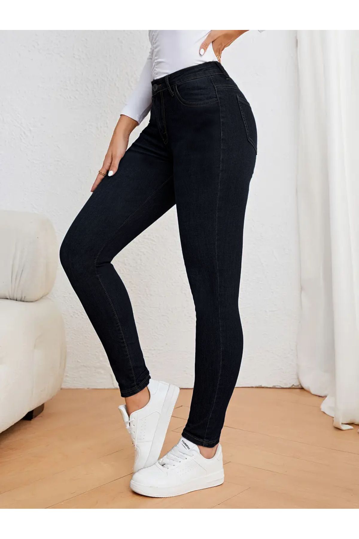 Kadın Yüksek Bel Dar Paça Süper Skinny Fit Esnek Bilek Boy Denim Jean Kot Pantolon C596