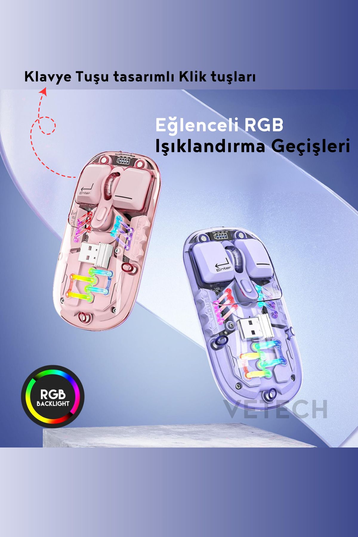 Şarjlı Kablosuz Mouse RGB Işıklı Şeffaf Tasarım Bluetooth + USB Telefon / Tablet / Laptop / PC