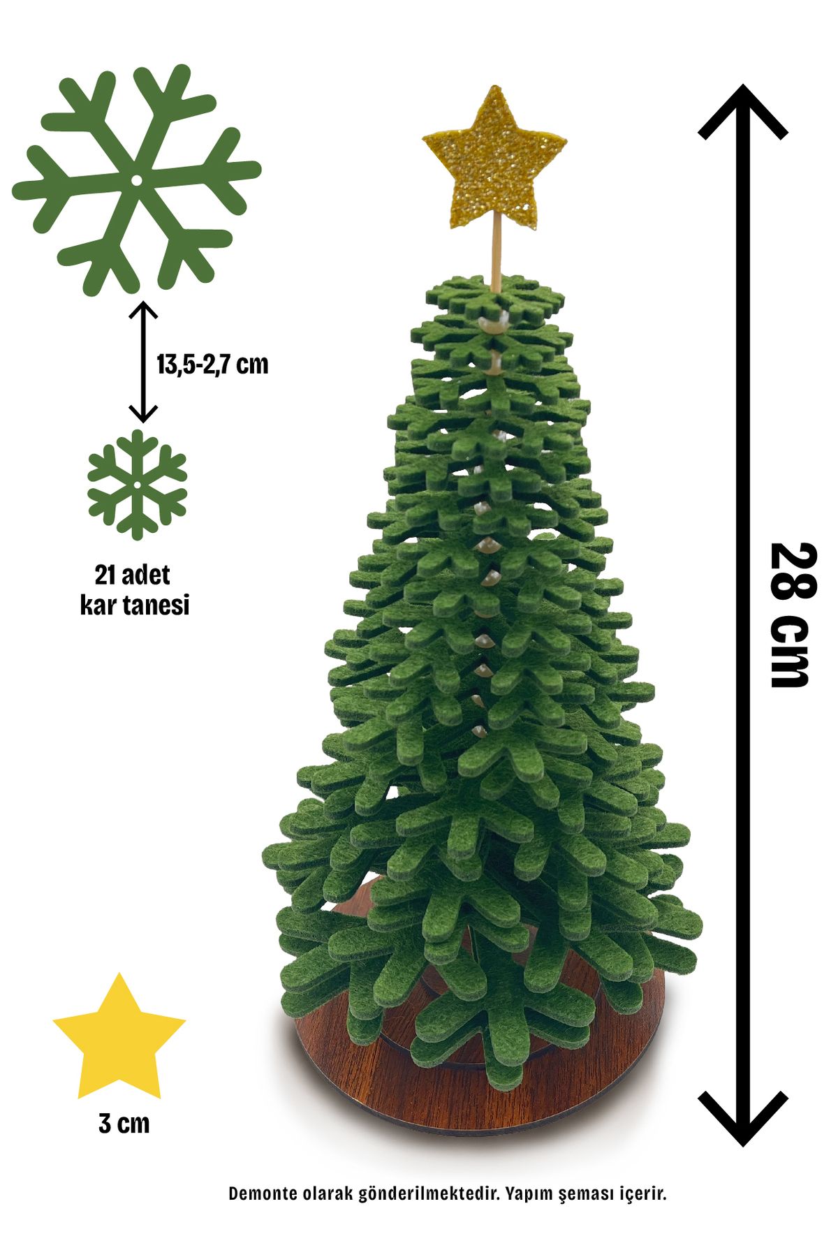 Yeşil Keçe Yılbaşı Ağacı, Dekoratif Yılbaşı Süsü, Masa Üstü Yılbaşı Ağacı ( 28 CM)