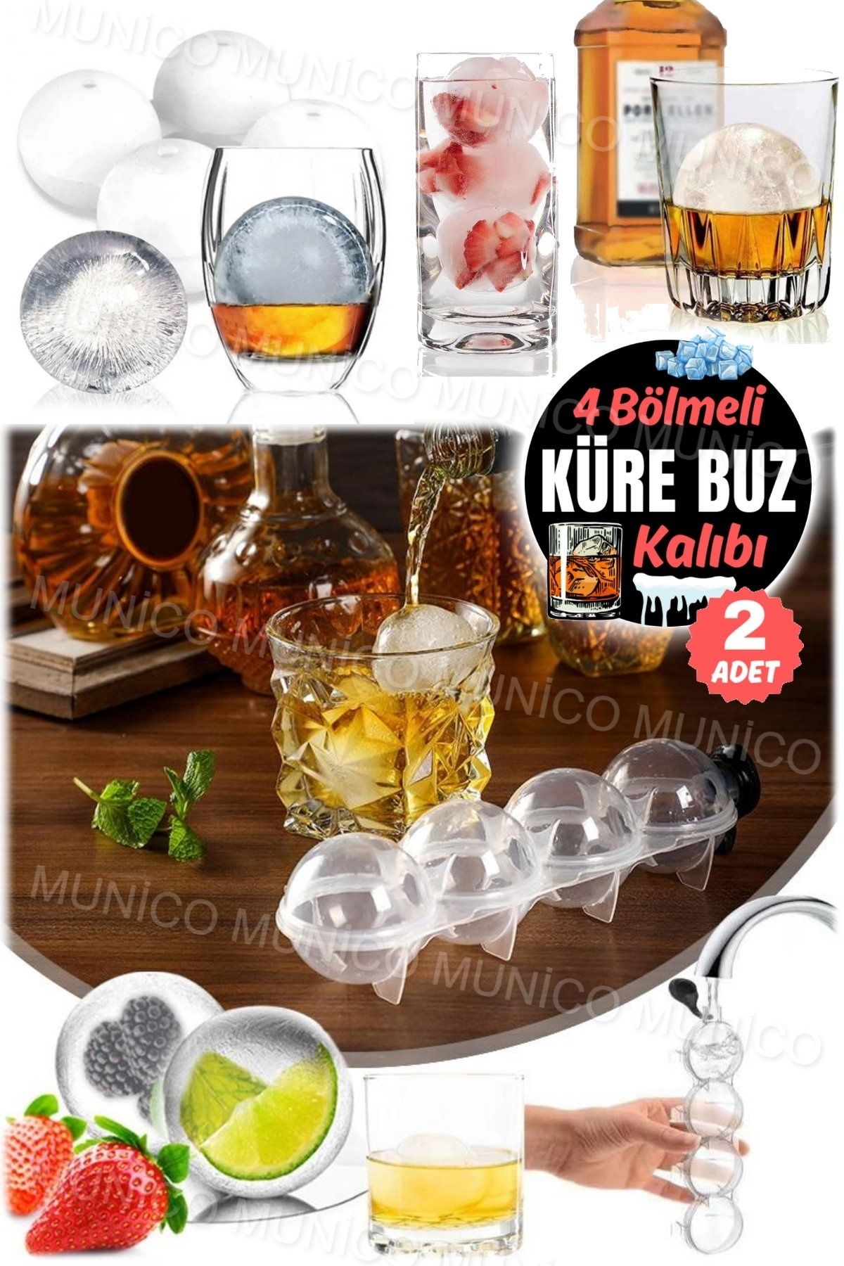 2 Adet Viski Büyük Boy Top 4'lü Küre Buz Topu Kalıbı Yuvarlak İçecek Buz Dondurucu Buz Kabı Küre