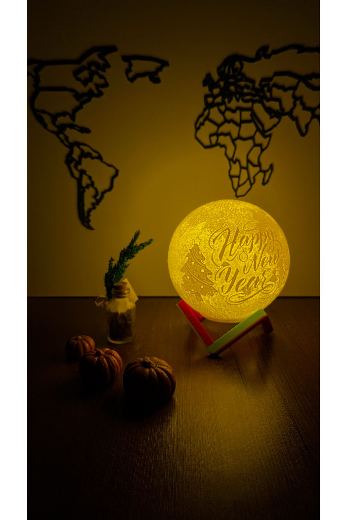 Yılbaşı Yeni Yıl Hediyesi Happy New Year Dekoratif Ay Gece Lambası Moon Lamp Pilli(13cm)