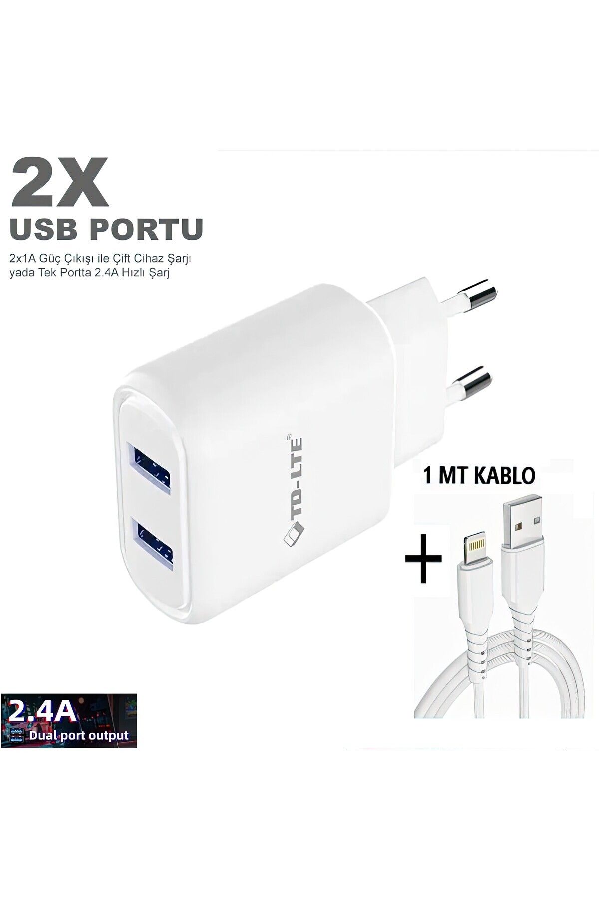 TMAX 5v 2.4A Çift USB ÇıkışlıŞarj Cihazı + 1m...