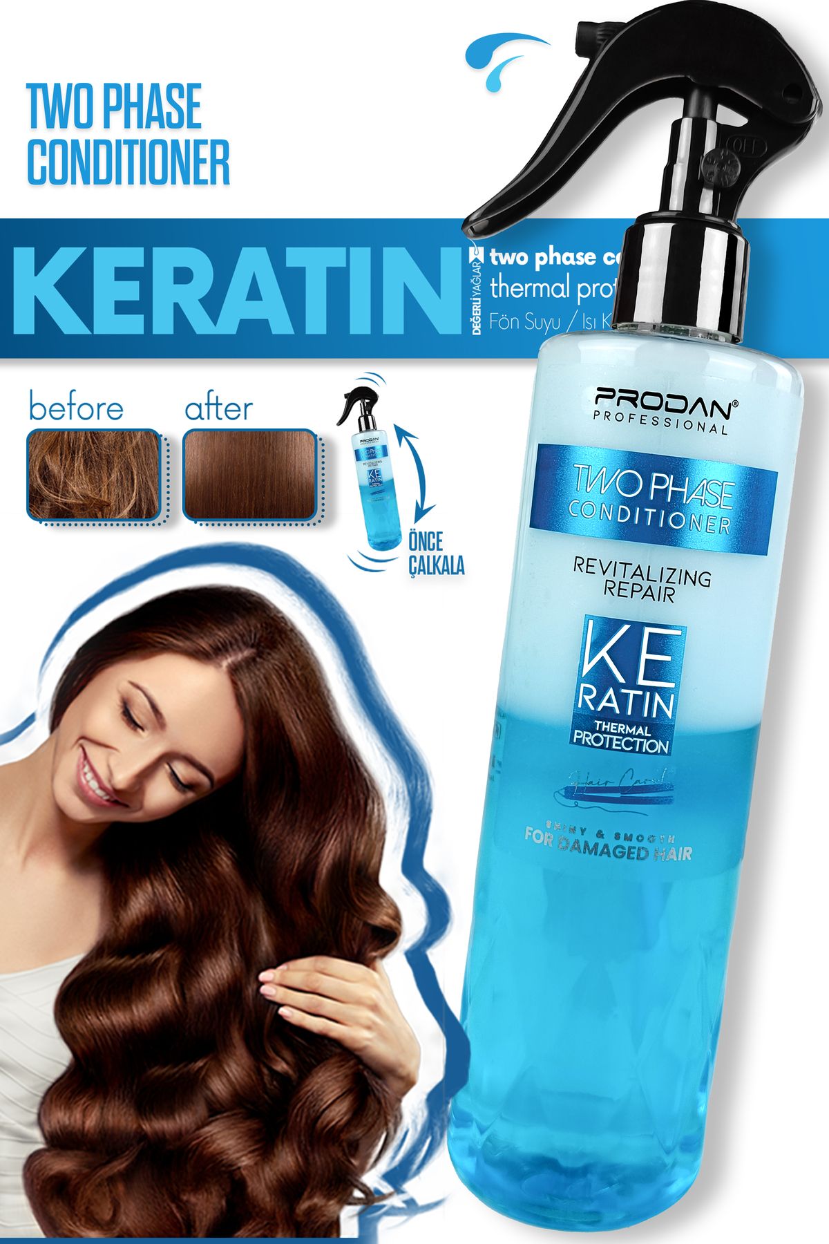 Keratin Fön Suyu Isı Koruyucu & Şaç Serumu Parlaklık Verici Etki 2'li Saç Bakım Seti 400ml + 100 ml