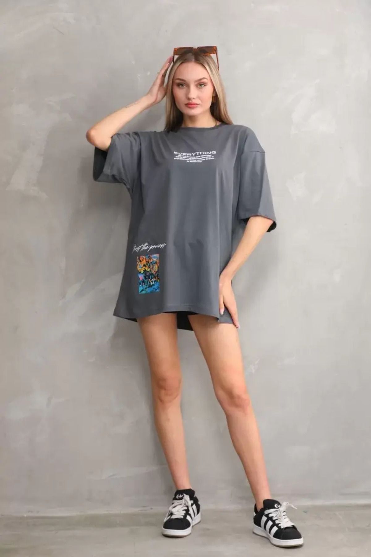 Unisex Bisiklet Yaka Baskılı Oversize T-Shirt - Gri