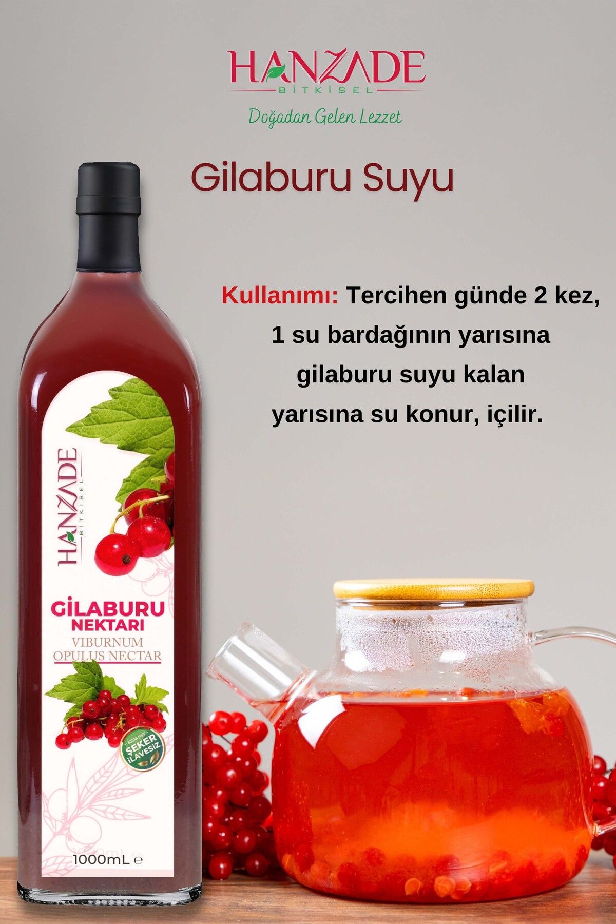 Gilaburu Suyu Nektarı 1 Litre x 3 Adet Şeker İlavesiz Cam Şişe