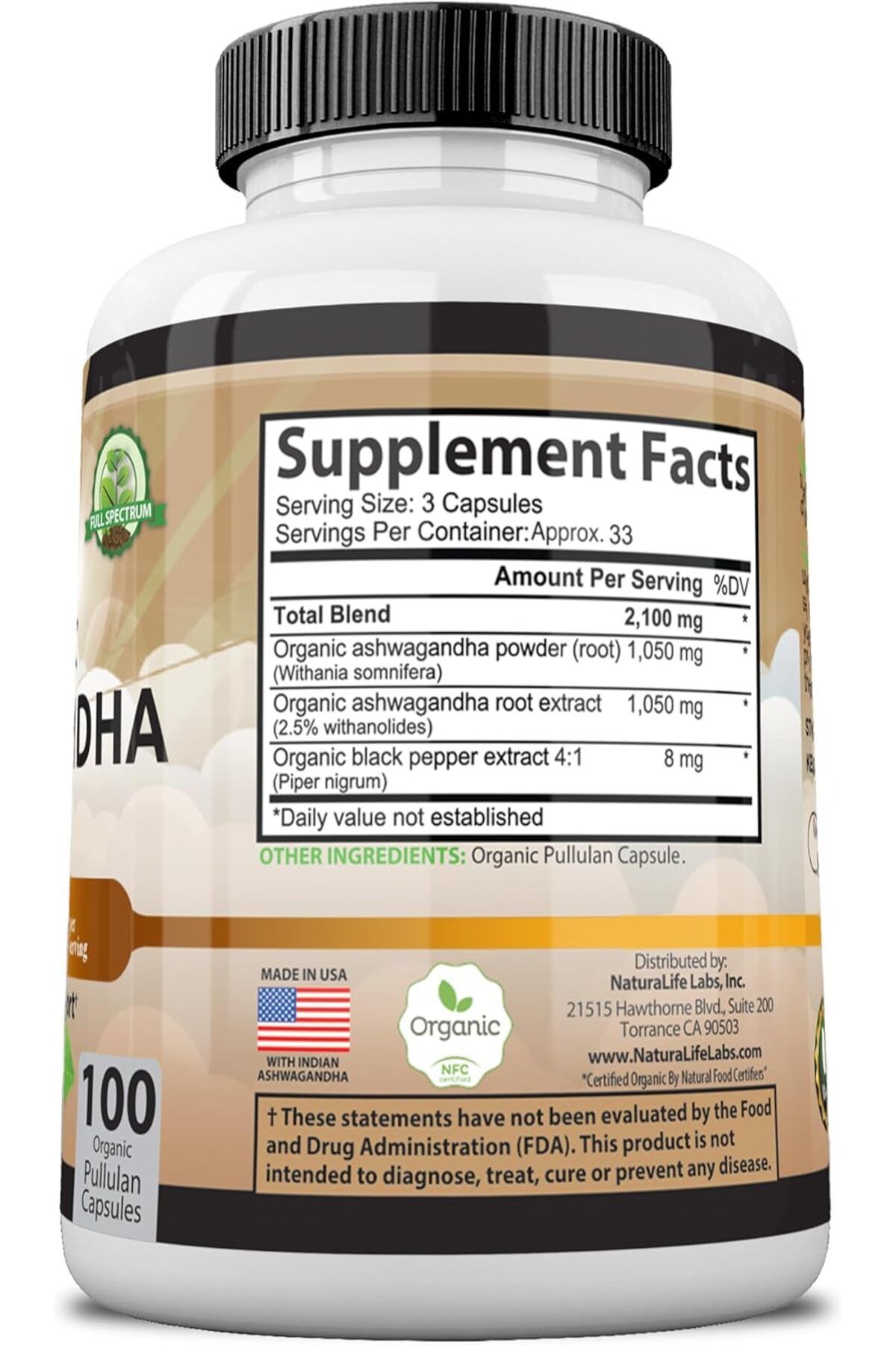 Naturelifelabs ORGANIC ASHWAGANDA 2100MG 100VEG CAPSULES