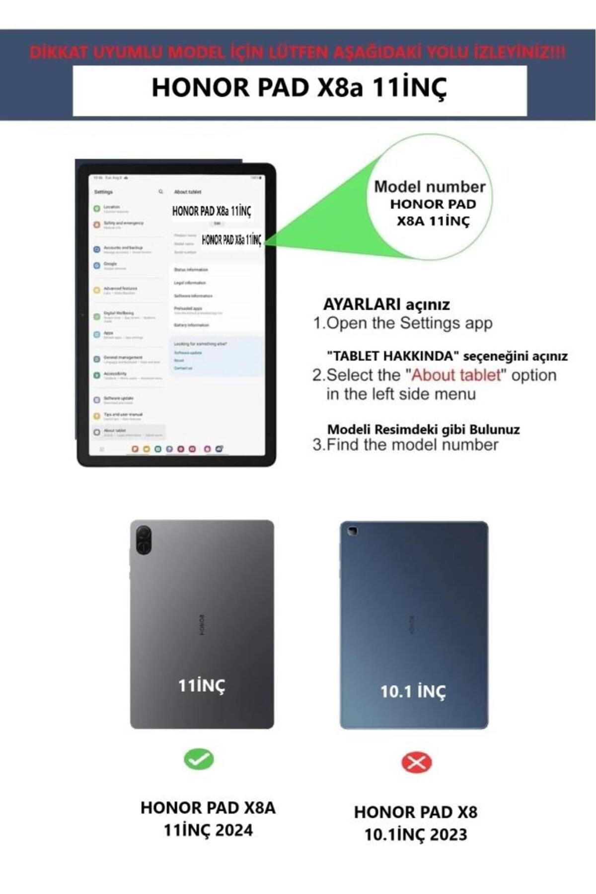 Honor Pad X8a 11inç Kılıf Dönen Tablet Kilifi Ekran Koruyucu+Kalem (HonorPad X8/X8 Pro Değildir)