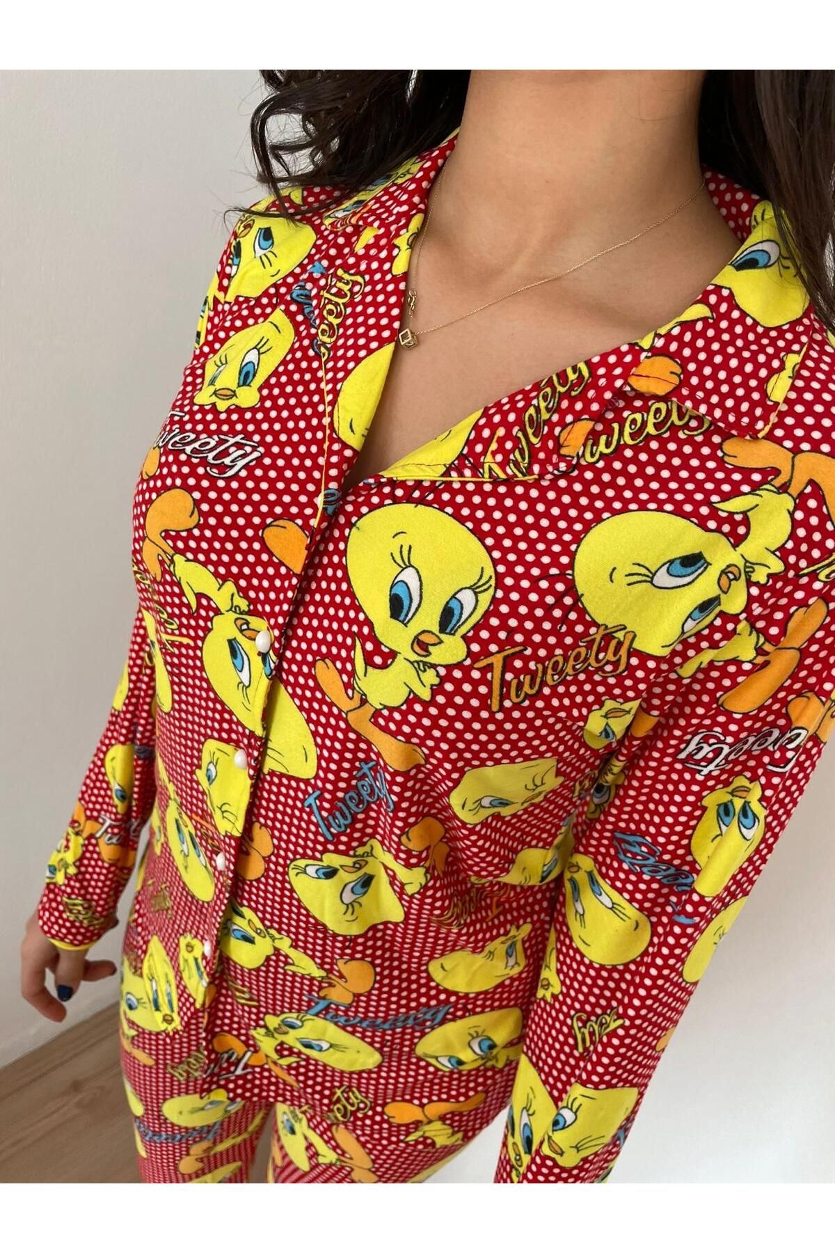 Tweety Desenli Ceket Yaka Düğmeli Pijama Takımı - Pijamerry