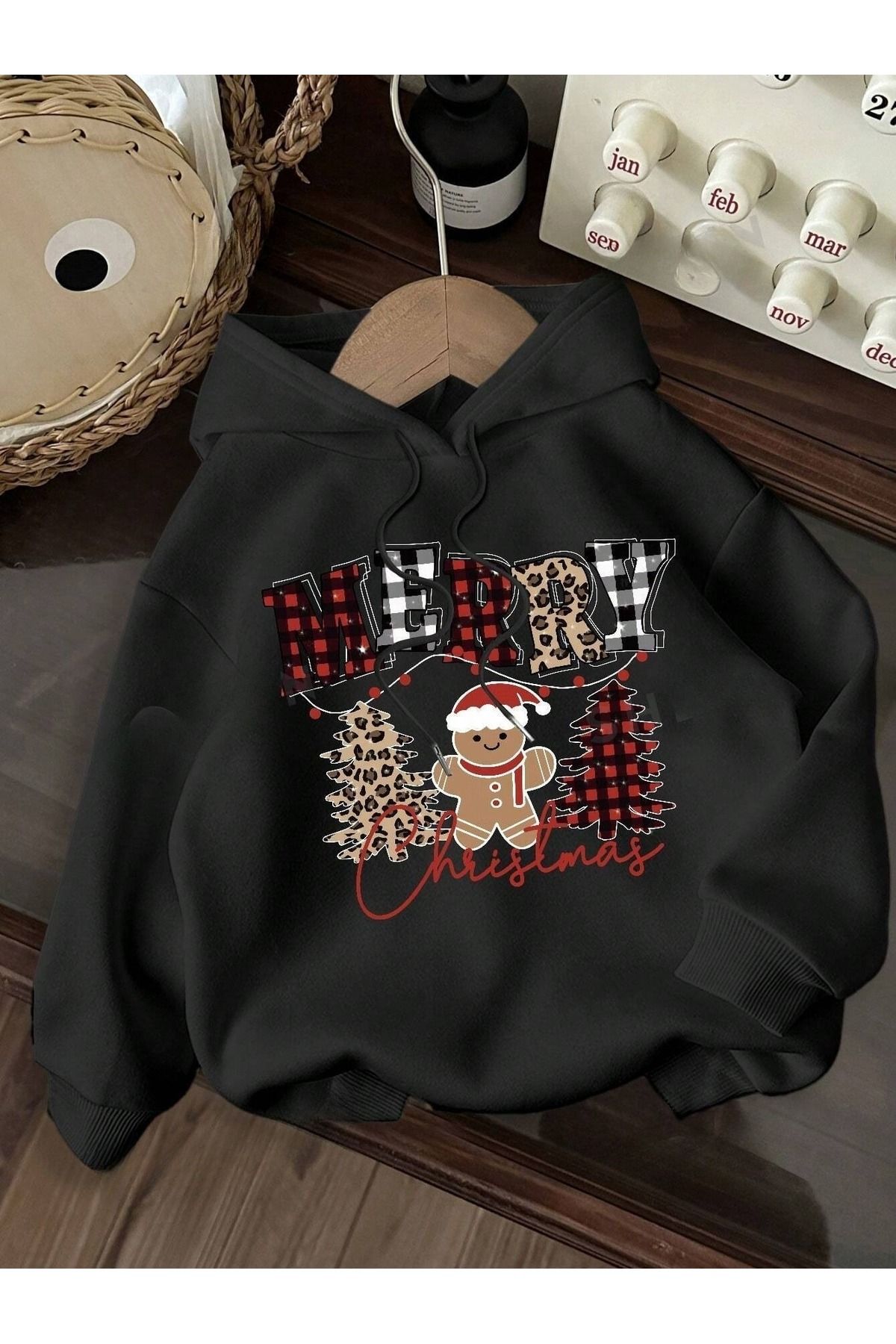 Kadın Siyah Yılbaşı Merry Christmas Kurabiye Baskılı 3 İplik Oversıze Hoodie Sweatshırt