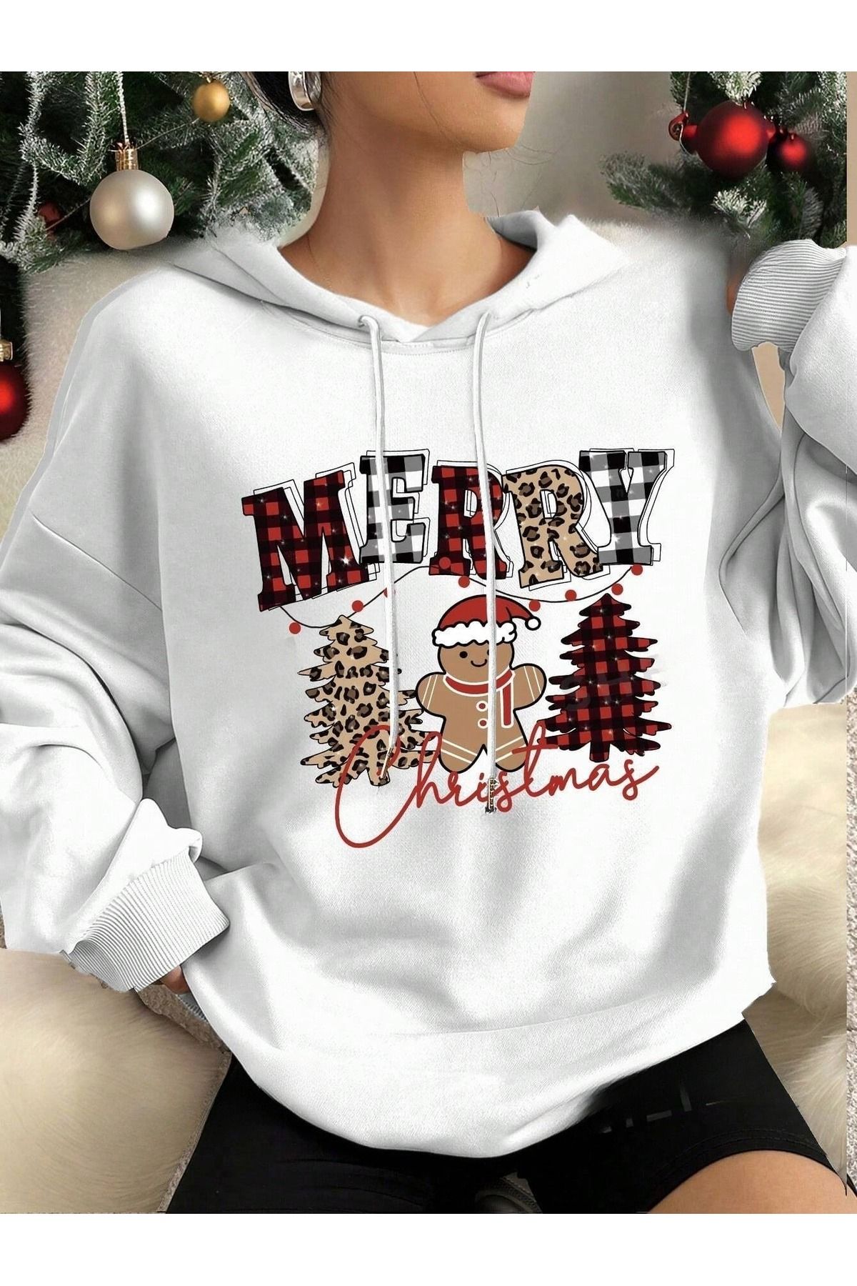 Kadın Beyaz Yılbaşı Merry Christmas Kurabiye Baskılı 3 İplik Oversıze Hoodie Sweatshırt