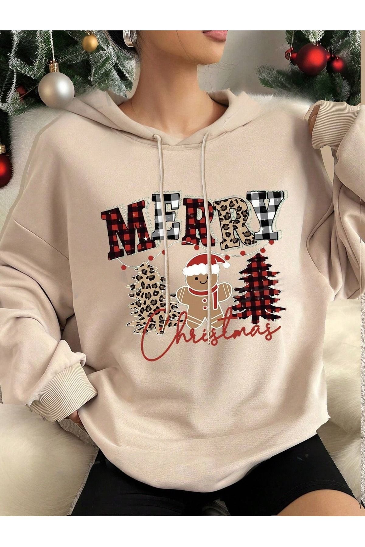 Kadın Bej Yılbaşı Merry Christmas Kurabiye Baskılı 3 İplik Oversıze Hoodie Sweatshırt