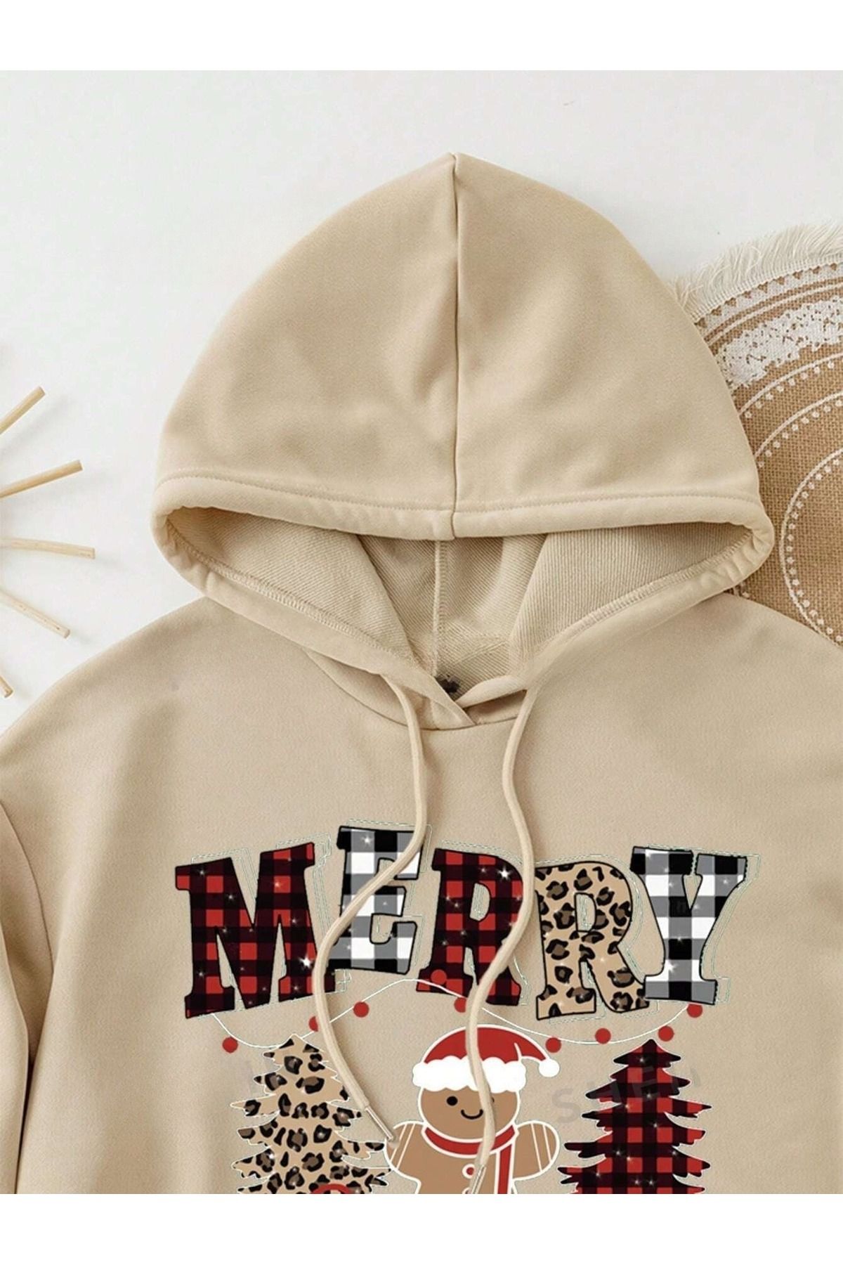 Kadın Bej Yılbaşı Merry Christmas Kurabiye Baskılı 3 İplik Oversıze Hoodie Sweatshırt