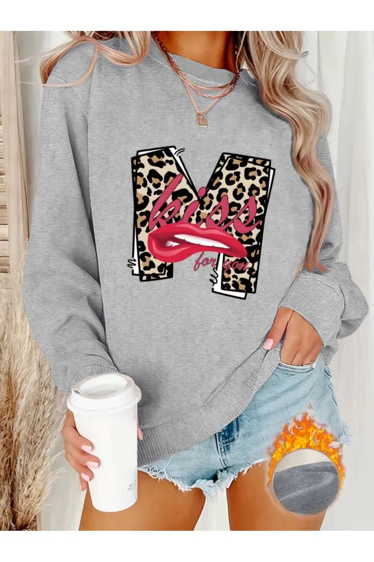 Leopar Yıldız Desenli Baskılı Bisiklet Yaka Oversize Sweatshirt Kadın