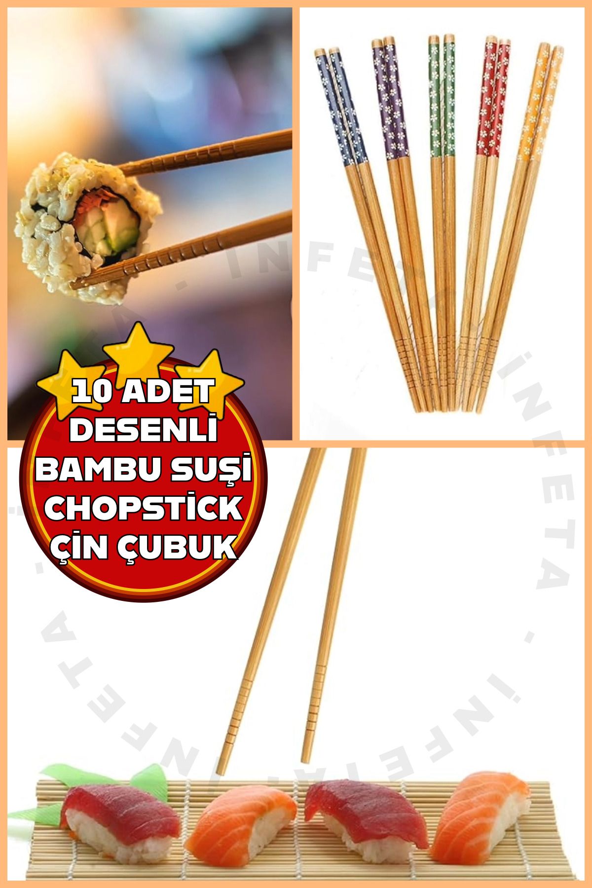 İnfeta 5 Çift Bambu DesenliYıkanabilir Noodle...