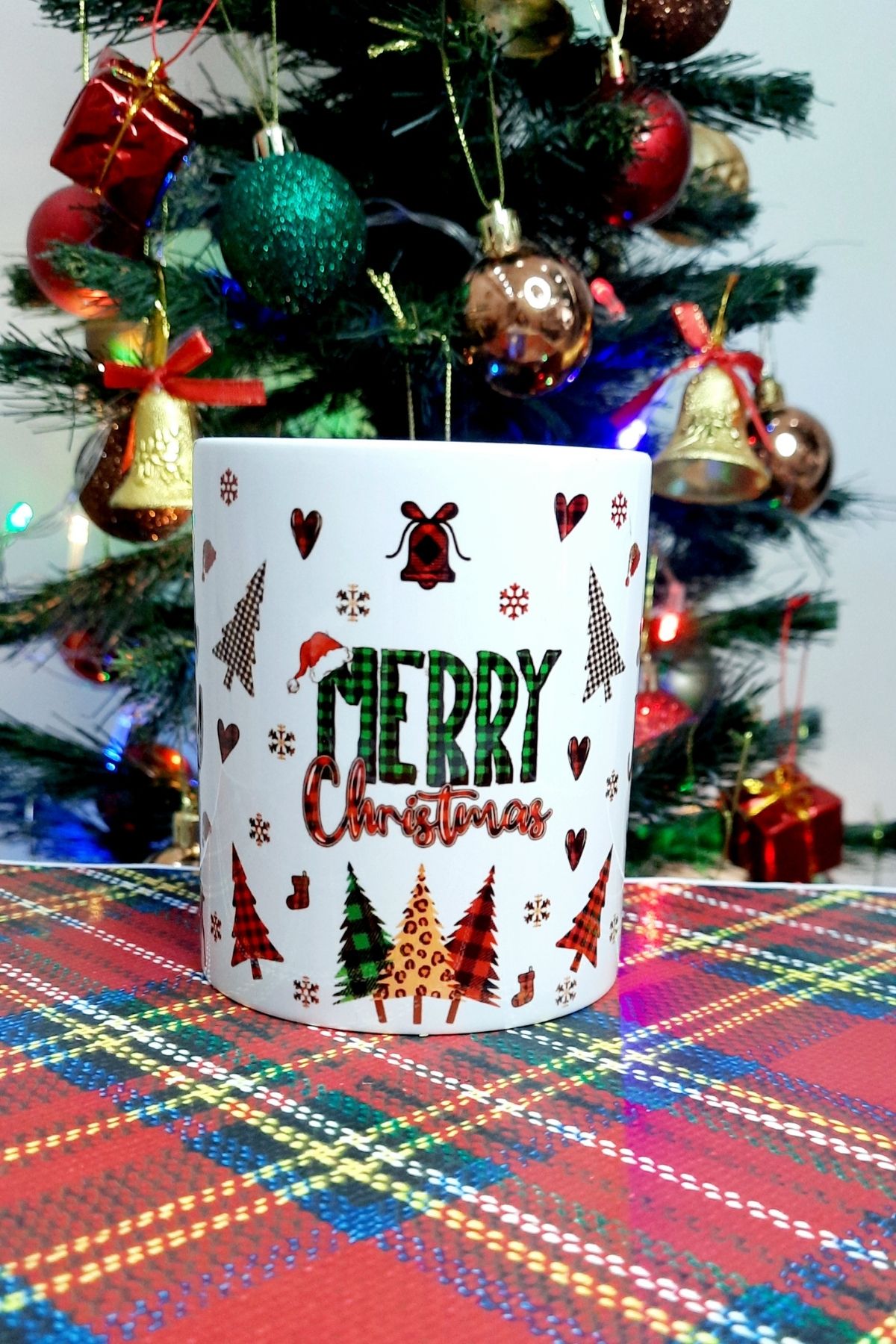 Yılbaşı 3'lü  Ekose Desen Geyik Deer  Joy Merry Christmas Hediye Kupa Bardak Noel Gift Mug