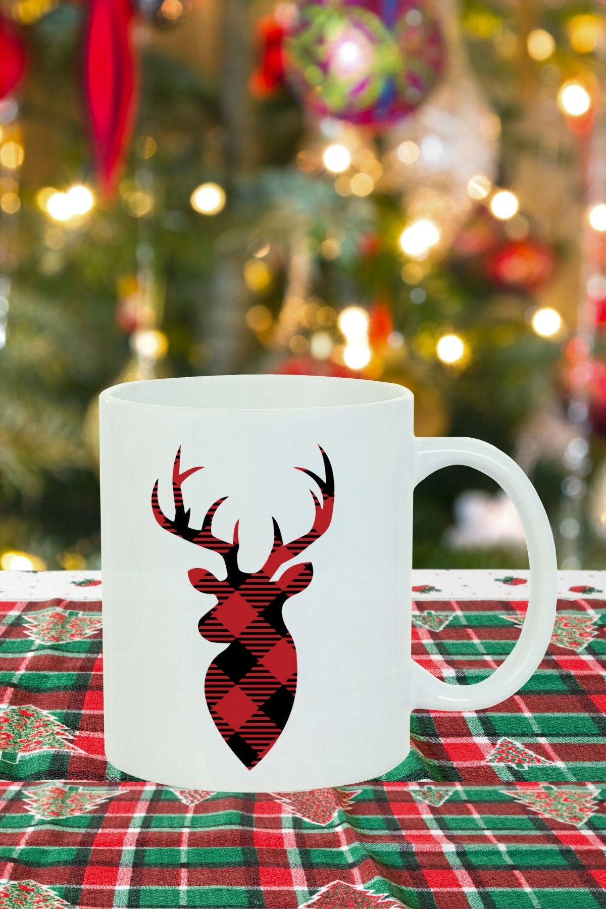 Yılbaşı 3'lü  Ekose Desen Geyik Deer  Joy Merry Christmas Hediye Kupa Bardak Noel Gift Mug