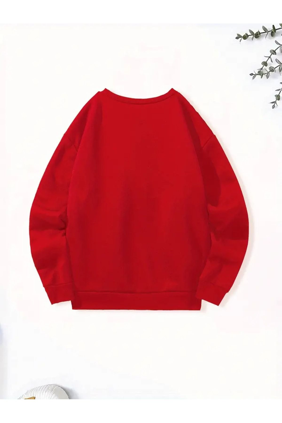 Kadın Yeni Yıl Kedi Baskılı Siyah Bisiklet Yaka Oversize Sweatshirt