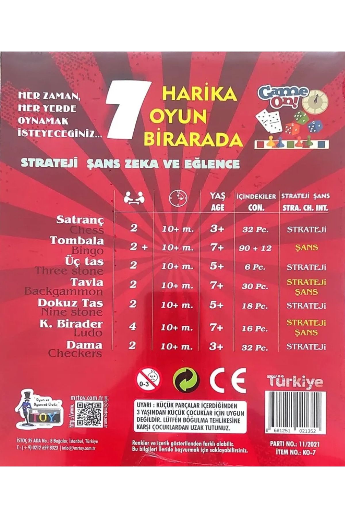 7 OYUN BİR ARADA - SANTRANÇ - DAMA - TAVLA - ÜÇTAŞ - TOMBALA - DOKUZ TAŞ - KIZMA BİLADER