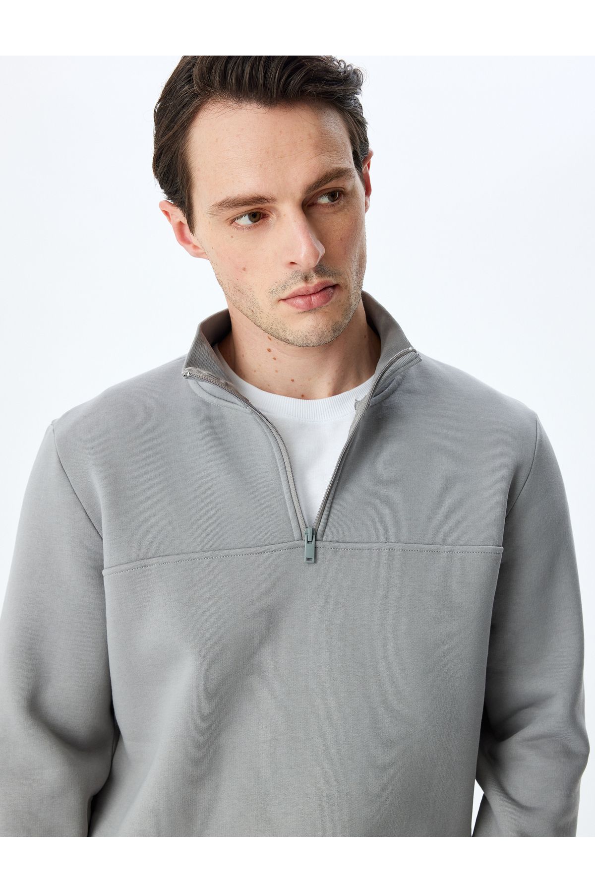 Uzun Kollu Pamuk Karışımlı Basic Yarım Fermuarlı Sweatshirt