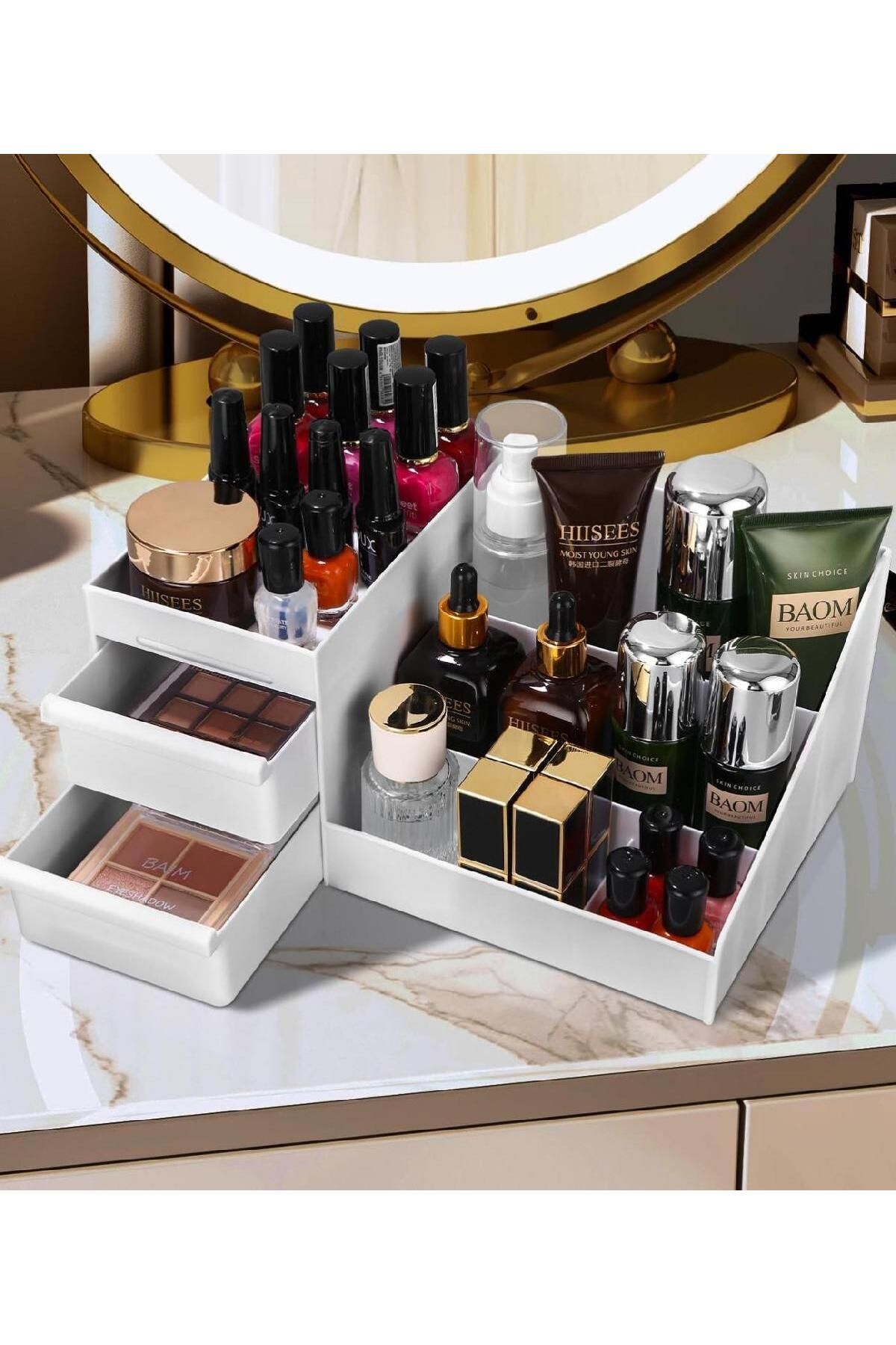 Elegance Xl Makyaj Kozmetik Parfüm Krem Serum Düzenleyici Çekmeceli Organizer Beyaz