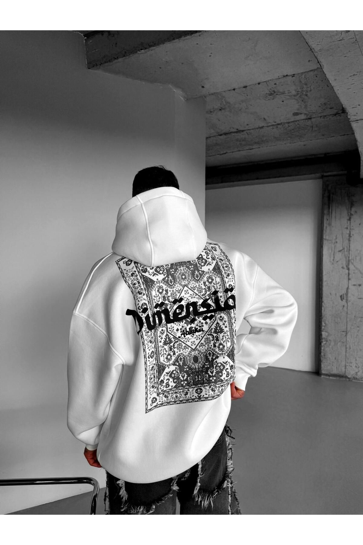 Erkek Oversize Dimension Baskılı Premium Kapüşonlu Sweatshirt Ekru Siyah