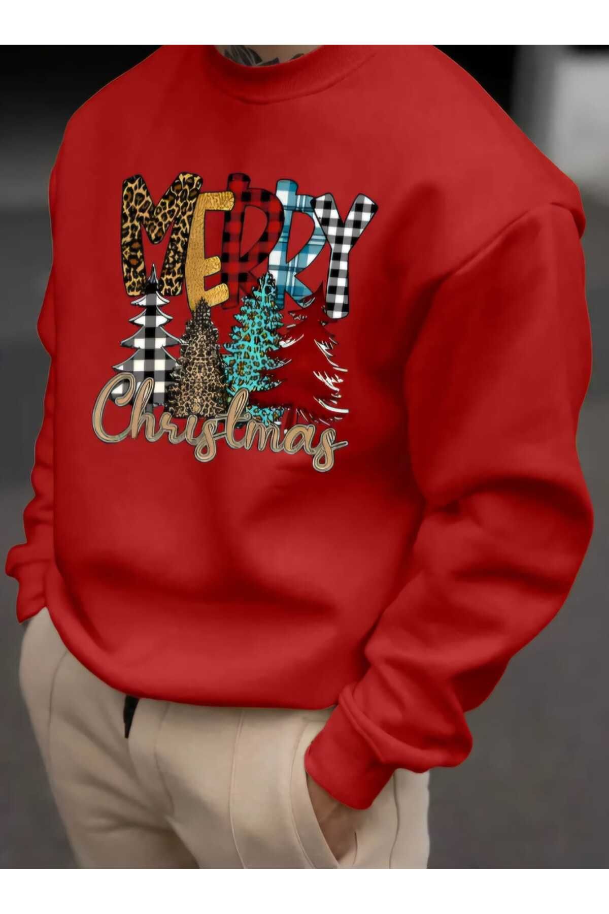 Kırmızı Yeni Yıl Konsept Yılbaşı Noel Baba Leopar Baskılı Bisiklet Yaka Oversize Sweatshirt Kadın