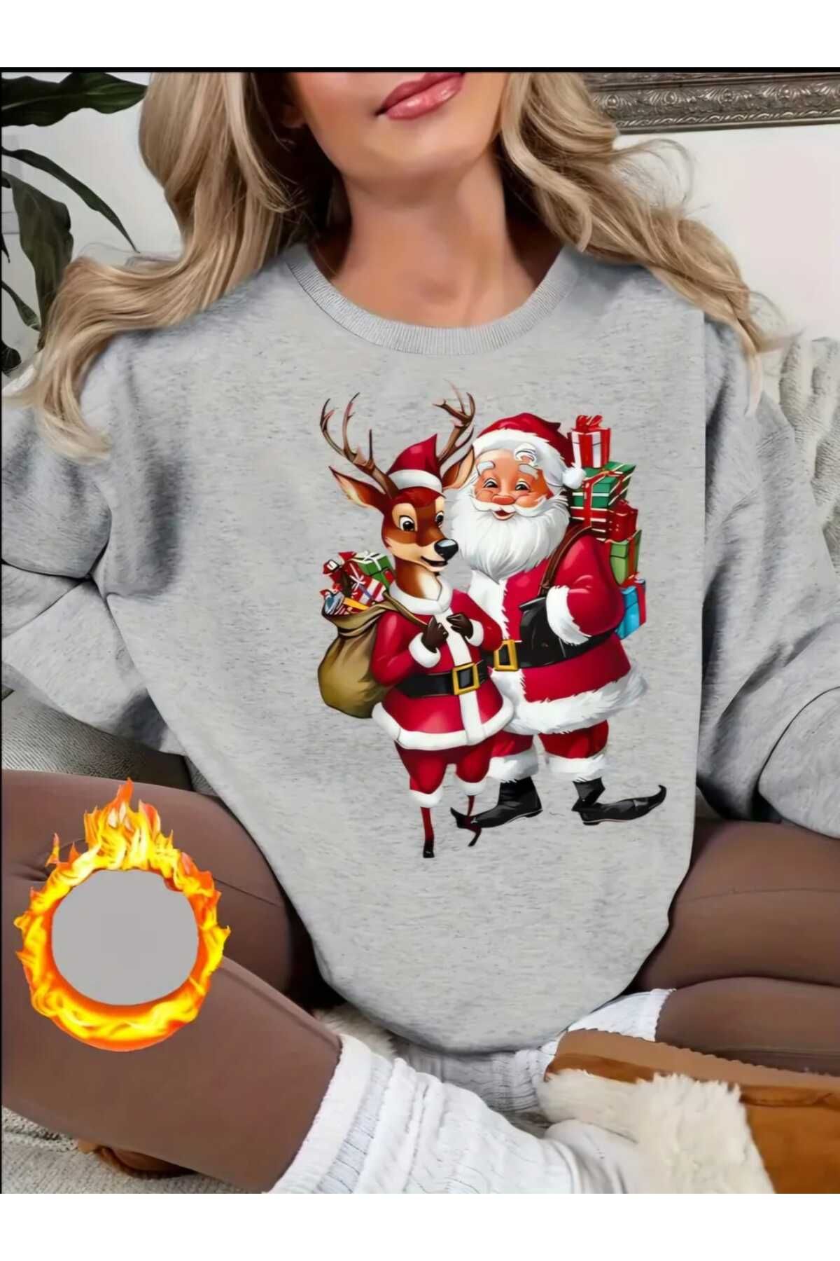 Kırmızı Yeni Yıl Konsept Yılbaşı Noel Baba Leopar Baskılı Bisiklet Yaka Oversize Sweatshirt Kadın