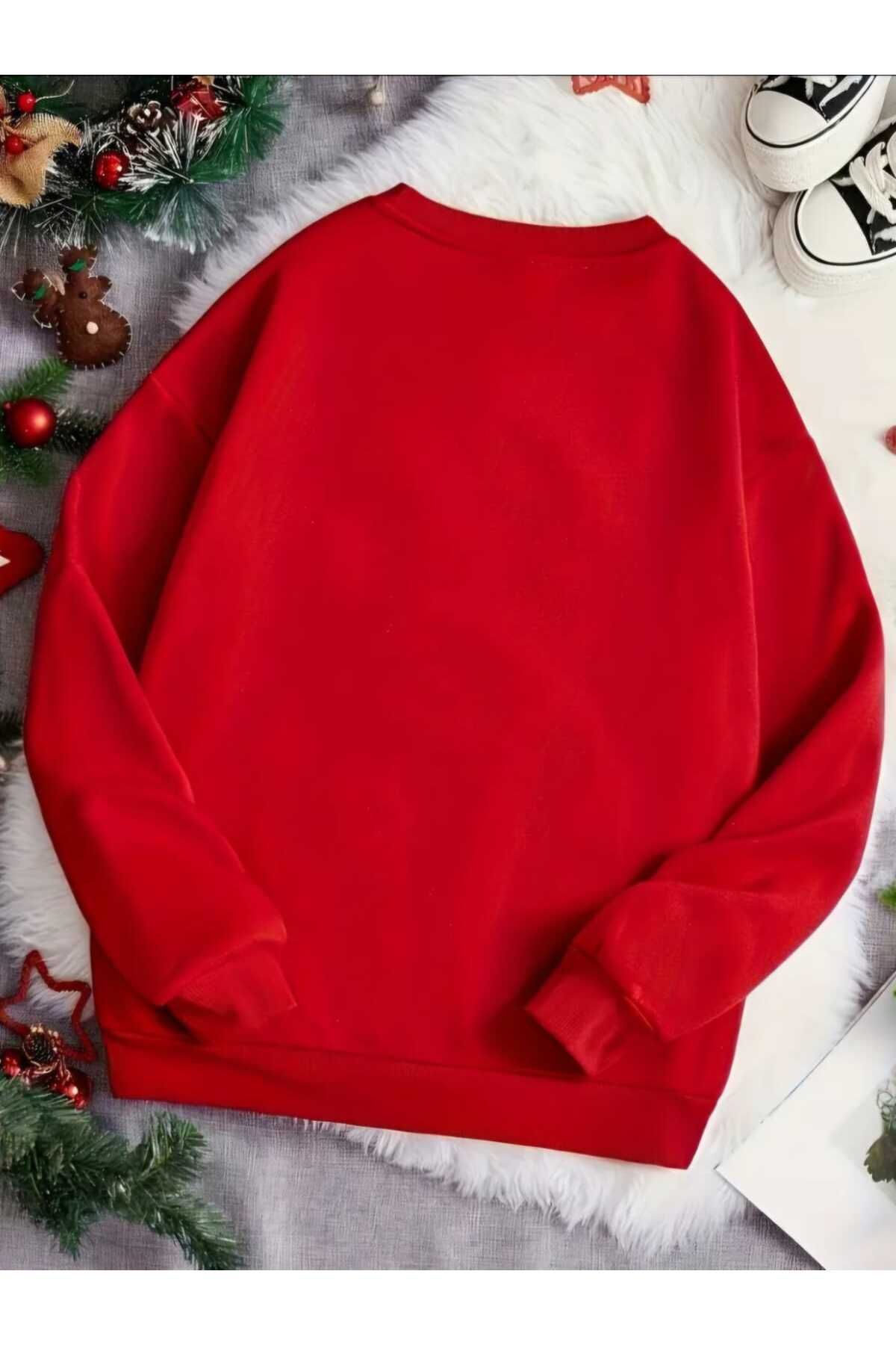 Kırmızı Yeni Yıl Konsept Yılbaşı Noel Baba Leopar Baskılı Bisiklet Yaka Oversize Sweatshirt Kadın