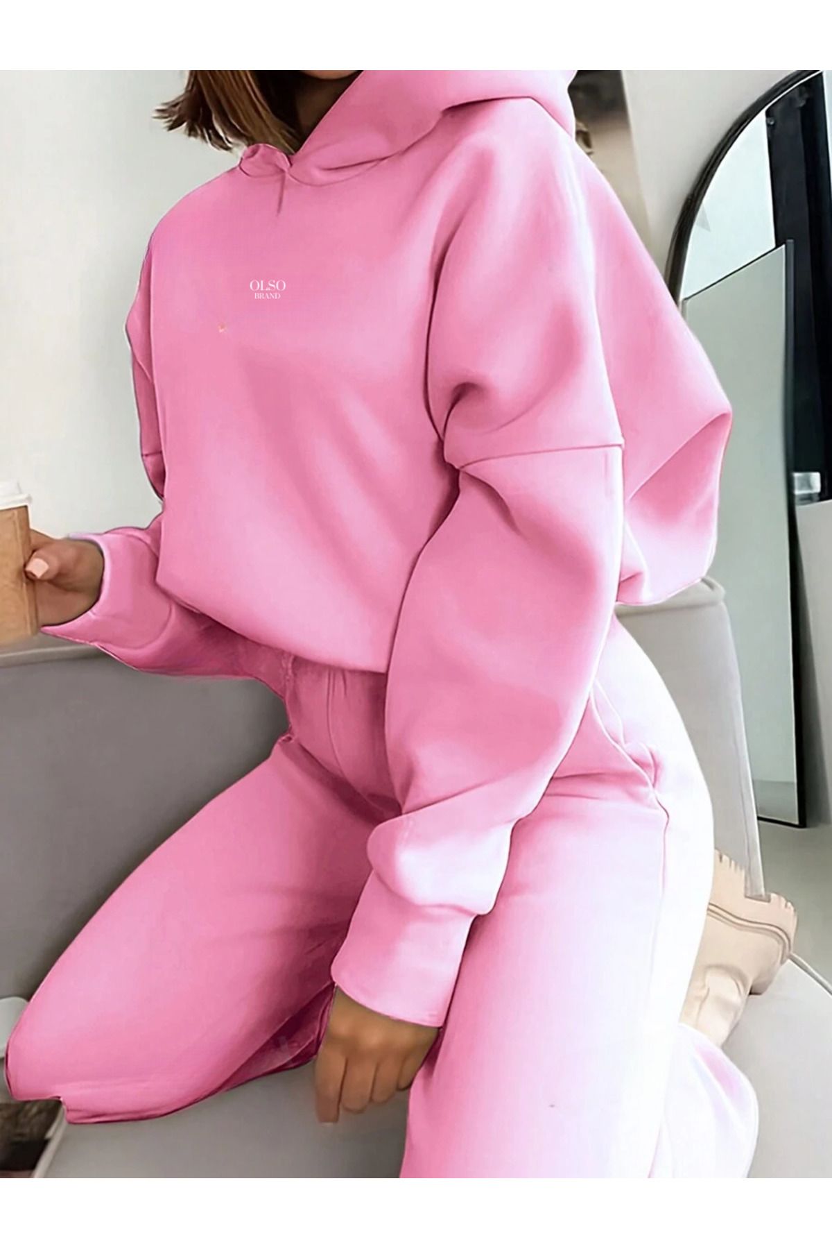 Kadın Pembe Olso Brand Baskılı Oversize Kapşonlu Sweatshirt