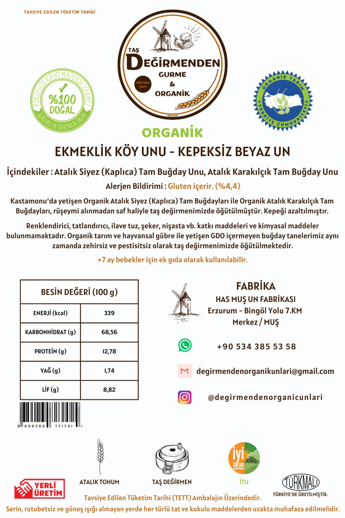 Organik Atalık Ekmeklik Köy Unu - Kepeksiz Beyaz Un - 5 Kilo