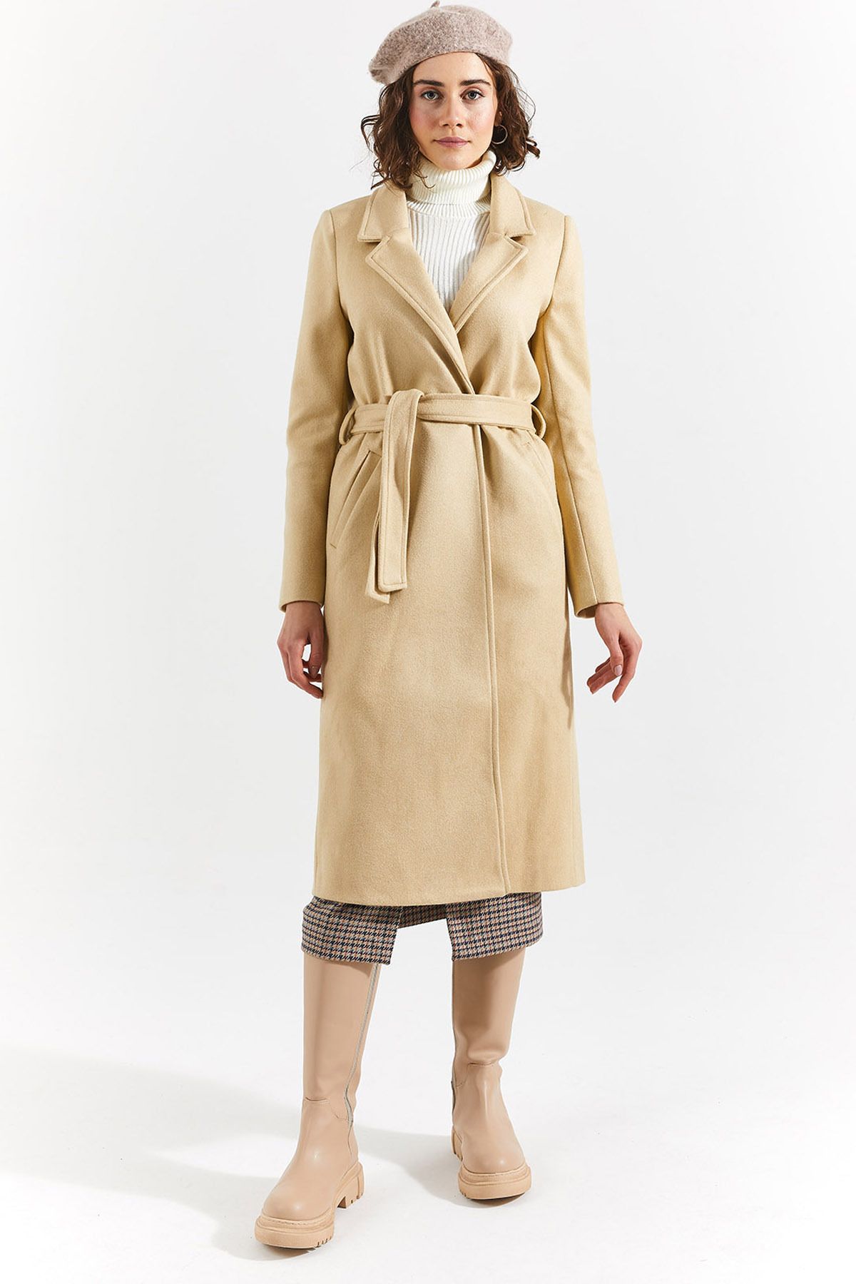 Kaşe Trenchcoat Model Kaban Bej