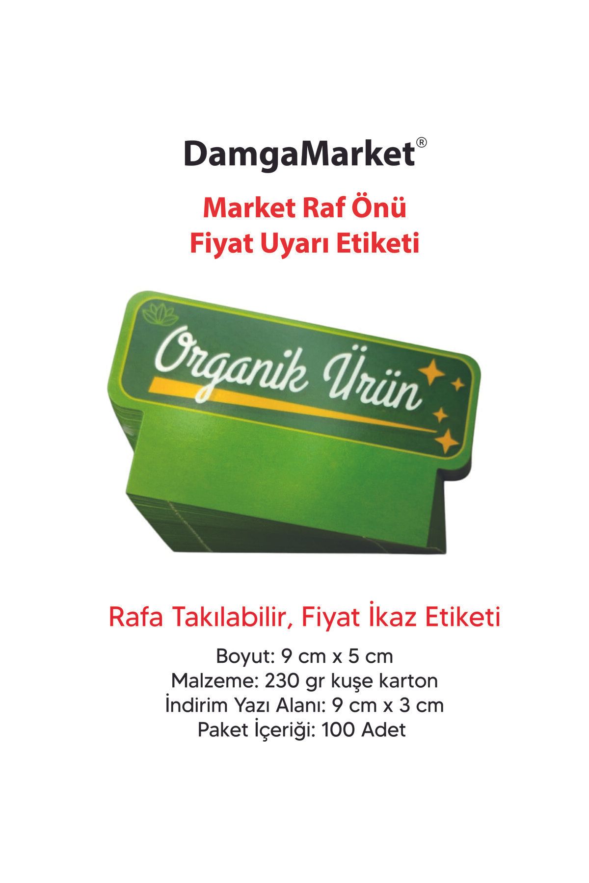 Market Raf Önü ORGANİK ÜRÜN Etiketi, Fiyat Uyarı Etiketi, 9 cm x 5 cm, Rafa Takılır, 100'lü Paket