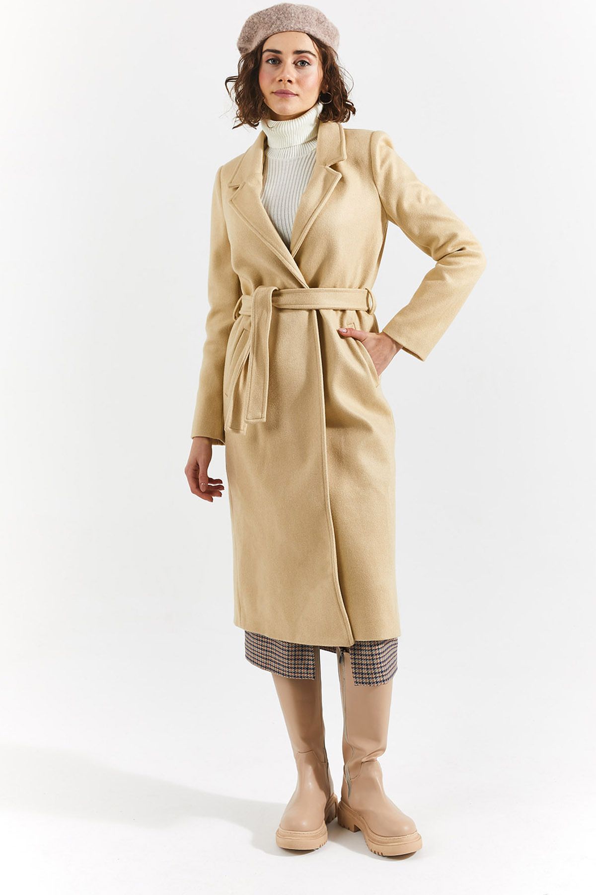 Kaşe Trenchcoat Model Kaban Bej