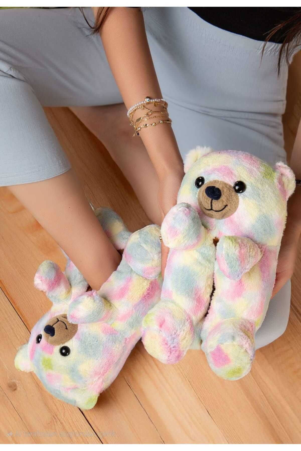 Renkli Ayıcık Rahat Peluş Sessiz Taban Yıkanabilir Unisex Panduf Ev Botu