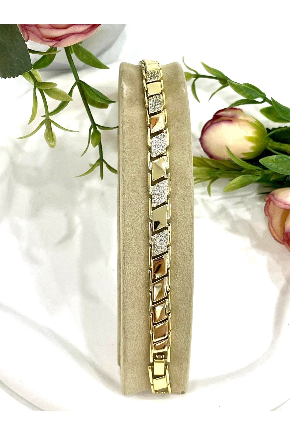 Vip Ray Zirkon Taşlı Çelik Bileklik (14K Gold/17-19cm)